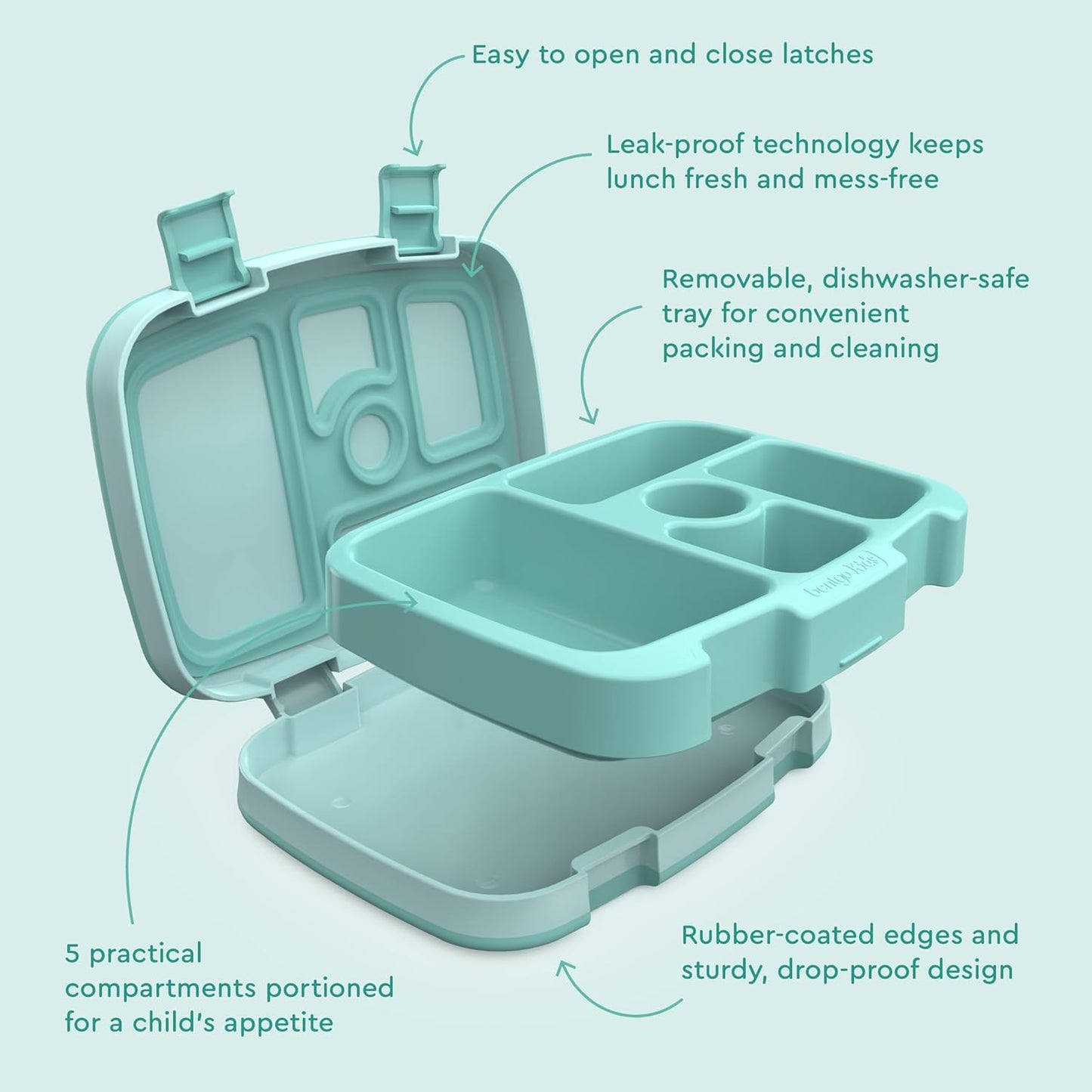 Bentgo Kids Bento-Style 5-Compartment Leak-Proof Lunch Box - Ideal Portion Sizes for Ages 3 to 7 - Durable, Drop-Proof, Dishwasher Safe, PFAS & BPA-Free & Made with Food-Safe Materials (Seafoam)