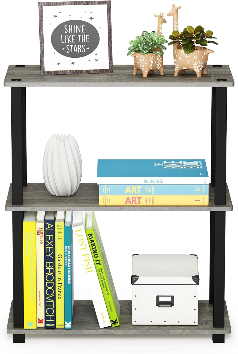 Furinno TURN-S-TUBE Storage Shelves, 3-Tier Book Shelf, Corner Shelf, Toolless Open Shelves, for Organization and Storage, Living Room, Garage, Home Office, French Oak