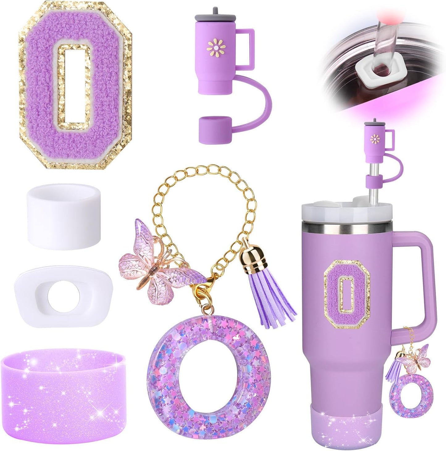 Mity rain 6PCS Cup Accessories Set for Stanley Cup 30oz 40oz tumbler with handle, Including Silicone Straw Topper Cover Cap and Boot, Spill Proof Stopper, Handle Charm, Initials Sticker (Letter O)