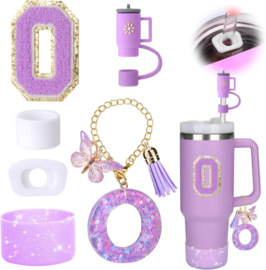 Mity rain 6PCS Cup Accessories Set for Stanley Cup 30oz 40oz tumbler with handle, Including Silicone Straw Topper Cover Cap and Boot, Spill Proof Stopper, Handle Charm, Initials Sticker (Letter O)
