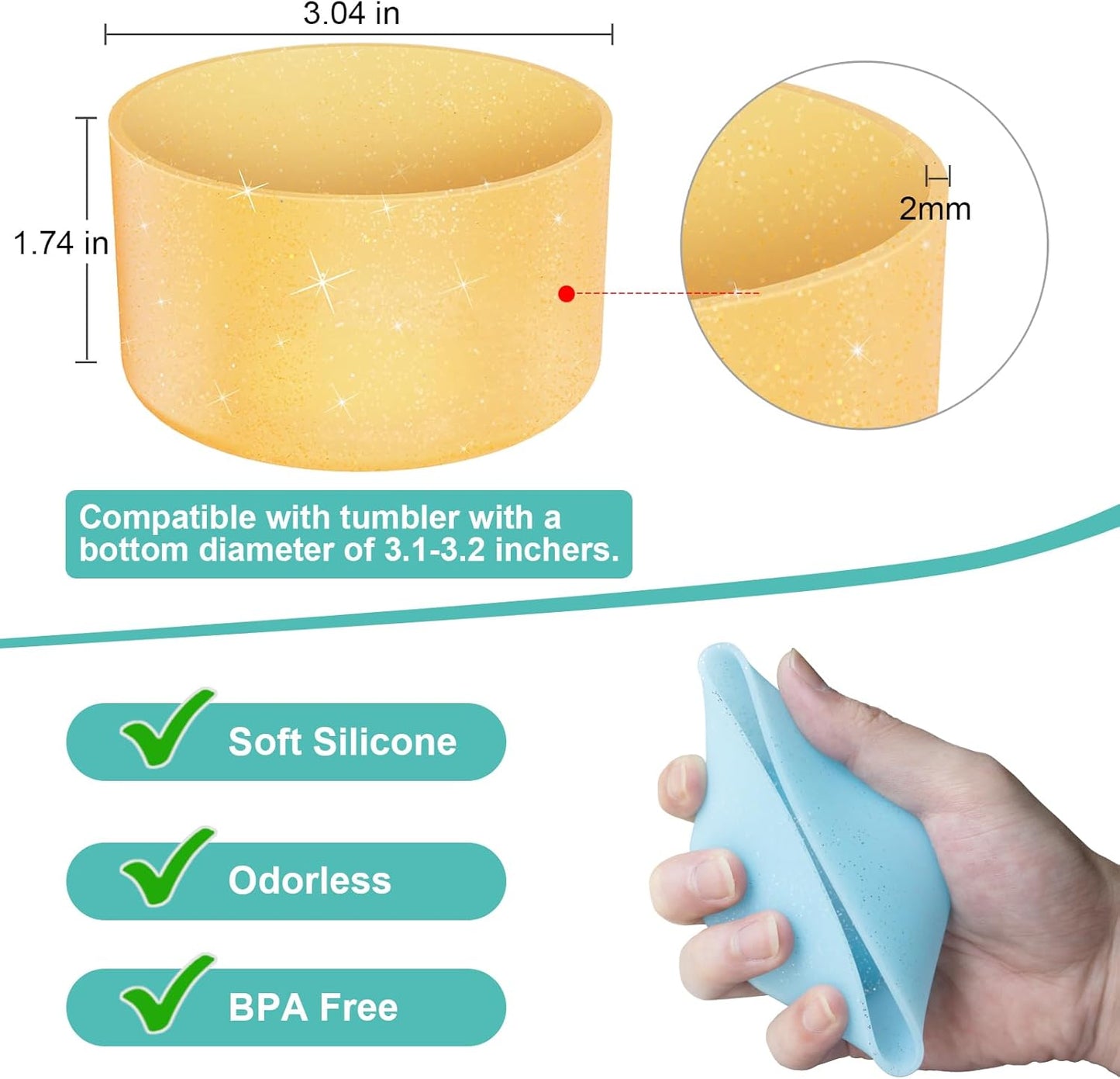 Upgrade 2PCS Protective Silicone Boot Bumper for Stanley Quencher Adventure 40oz 30oz IceFlow 20oz 30oz Tumbler, Water Bottle Bottom Sleeve Cover Accessories for Stanley Mug Cup(Glitter Orange)