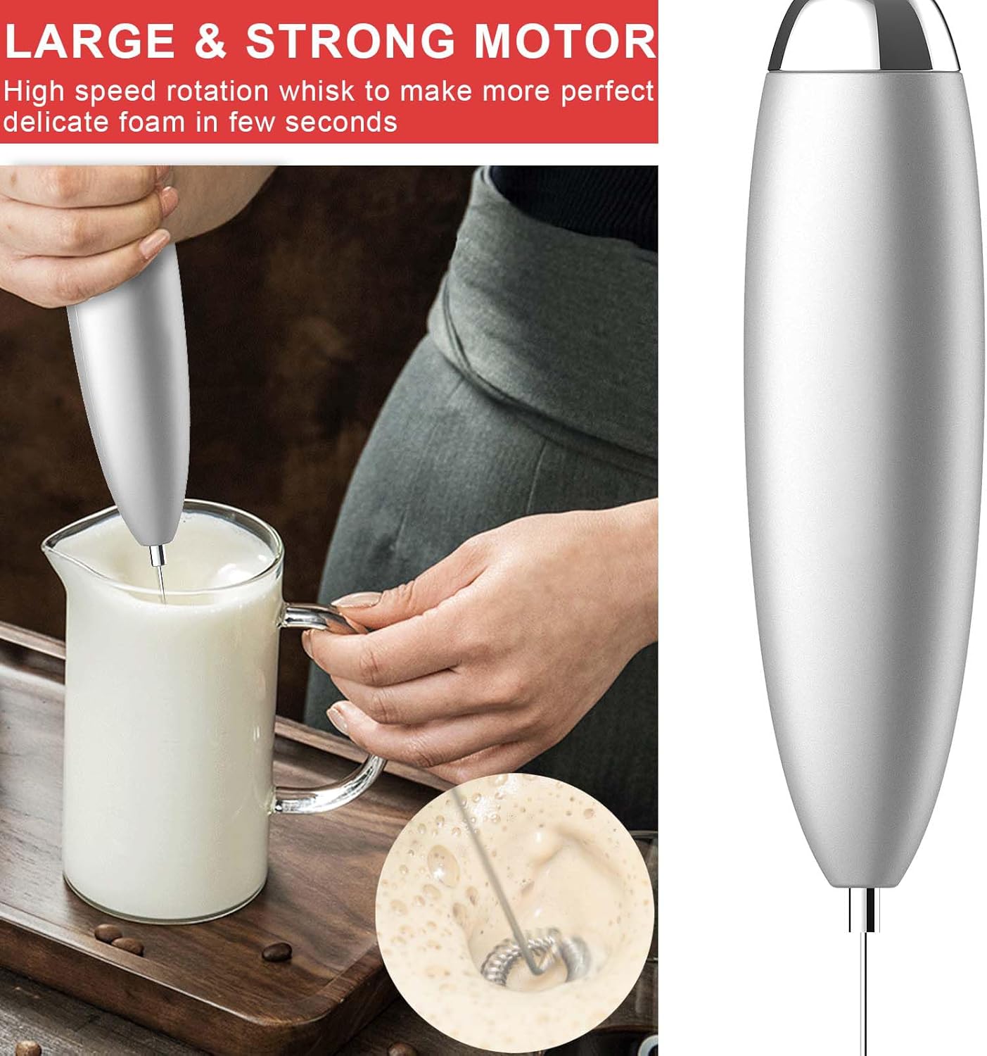 Milk Frother, Coffee Frother Handheld, Hand Mixer, Upgraded Motor Electric Whisk Durable Low Noise Mini Drink Mixer Portable Foam Maker For Cold Milk Bulletproof Coffee Latte, Sliver