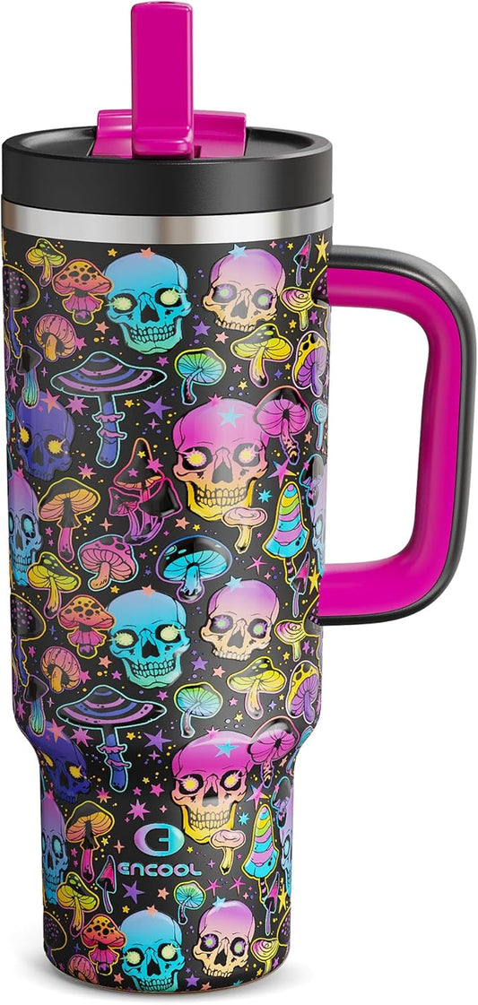 ENCOOL 40 oz Tumbler with Handle and Straw: Stainless Steel Insulated Tumbler Keeps Cold for 24 Hours, Leakproof Travel Cup Fits in Cup Holder and BPA-Free, Trippy Skulls