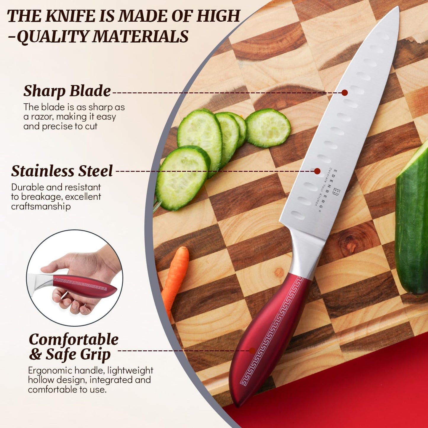 Kitchen Knife Set, Retrosohoo 9-Piece Red Sharp Non-Stick Coated Chef Knives Block Set,Stainless Steel Knife Set for Kitchen with Sharpener for Cutting Slicing Dicing Chopping (Red)