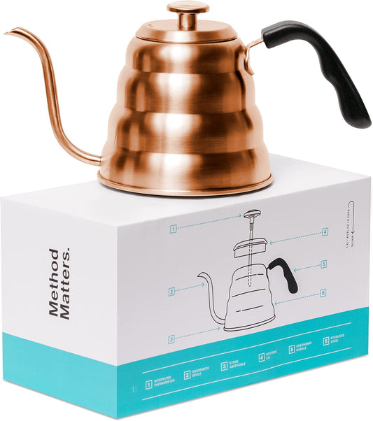 Barista Warrior Gooseneck Kettle for Pour Over Coffee and Tea with Thermometer for Exact Temperature, Precision Pour Drip Spout, Compatible with all Stove Tops (Copper Coated, 1.2 Liter, 40 fl oz)
