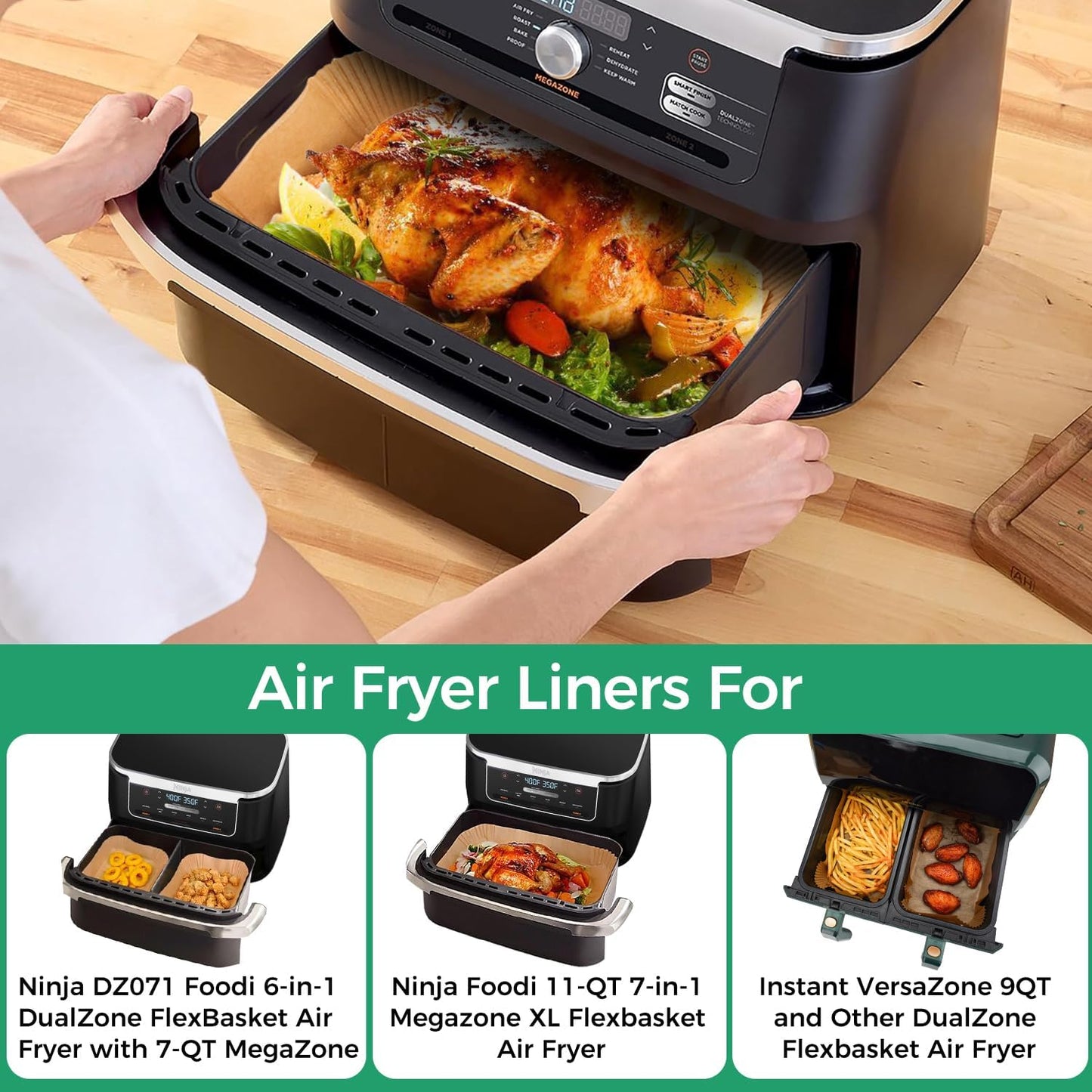 Vailnd Air Fryer Liners Disposable for Ninja DZ071 Foodi 7-QT/Instant Pot VersaZone 9QT/Topzee 11-QT Air Fryer, 100PCS Small Parchment Paper for Divider Basket & 50PCS Large Paper Liners for MegaZone