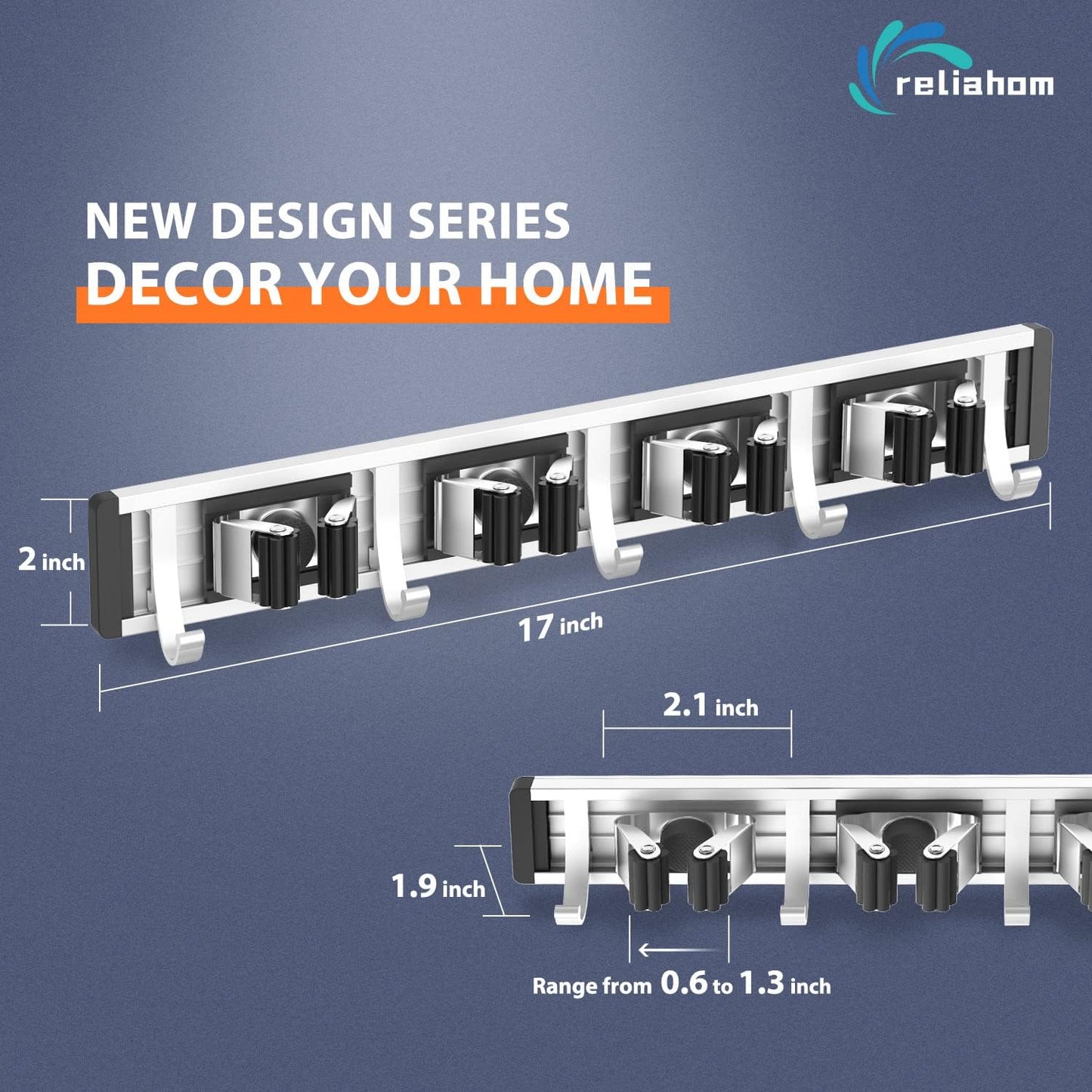 reliahom Broom Holder Wall Mount Mop and Broom Hanger Wall Mounted Garage Storage Rack Kitchen Garden Tool Organizer (4 Racks with 5 Hooks, Black)