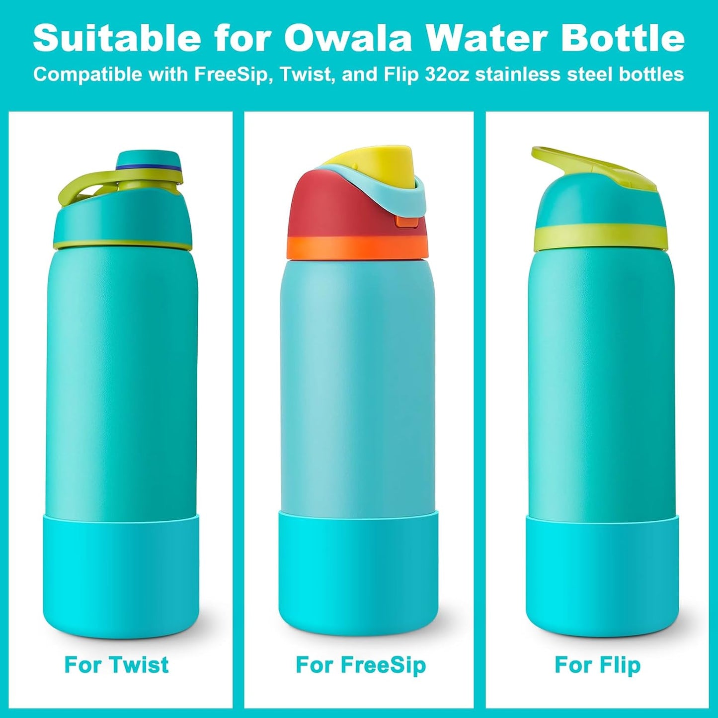 2PCS Silicone Water Bottle Boot for Owala 24oz 32oz 40oz, Protective Bottom Bumper Anti-Slip Sleeve for FreeSip, Twist, and Flip Stainless Steel Bottles, Dishwasher Safe and BPA Free