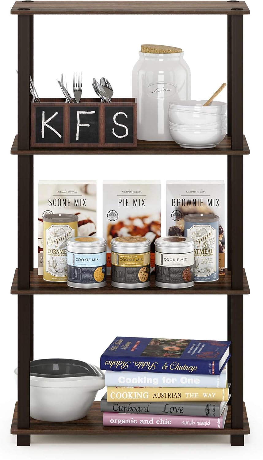 Furinno Turn-N-Tube 4-Tier Multipurpose Shelf Display Rack, Square Tube, Walnut/Brown