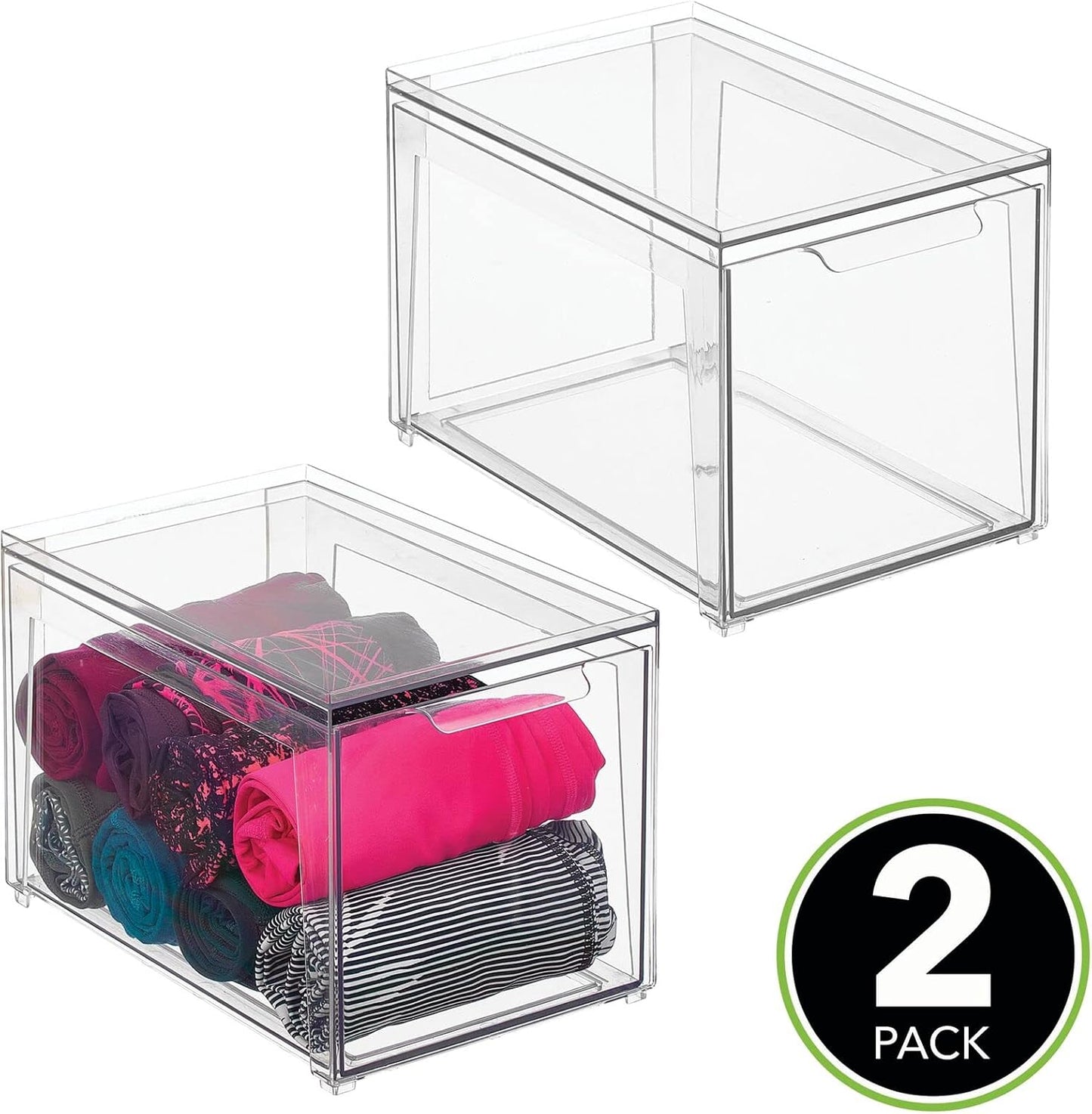 mDesign Plastic Stackable Closet Storage Organizer Bins with Pull Out Drawer for Cabinet, Desk, Shelf, Cupboard, or Dresser Organization - Lumiere Collection - 2 Pack - Clear