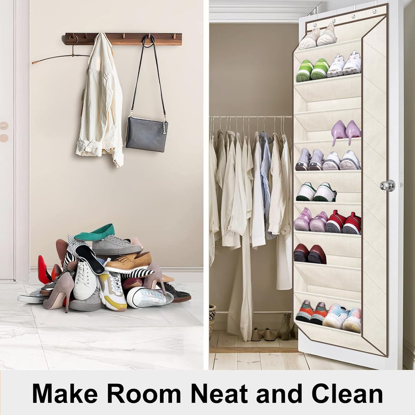 SLEEPING LAMB Shoe Rack for Door, Kids Door Shoe Organizer for Closet hanger, Narrow Hanging Sneaker Storage with Large Deep Pockets for Toddler, Girl, Baby Room Decor, Beige