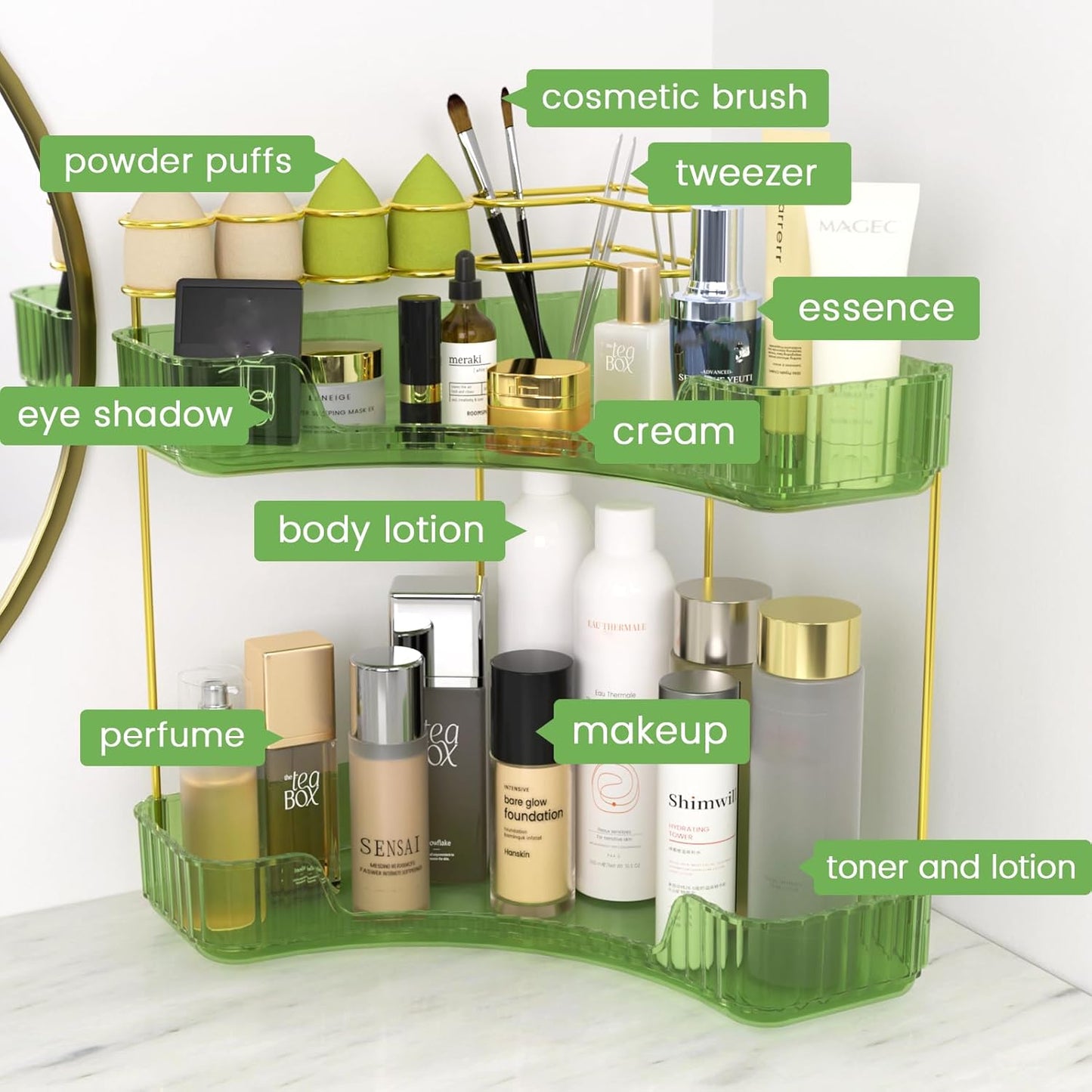 NATURE'S SOURCE Makeup Organizer for Vanity, 2-Tier Corner Bathroom Organizer Countertop with Makeup Brush Holder, Corner Counter Storage for Bathroom Dresser- Green