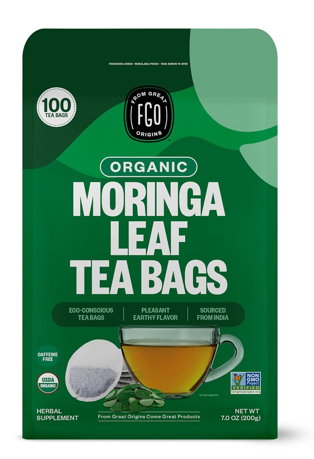 FGO Organic Moringa Tea, 100 Count, Eco-Conscious Tea Bags, Resealable Bag, Caffeine Free, Packaging May Vary (Pack of 1)