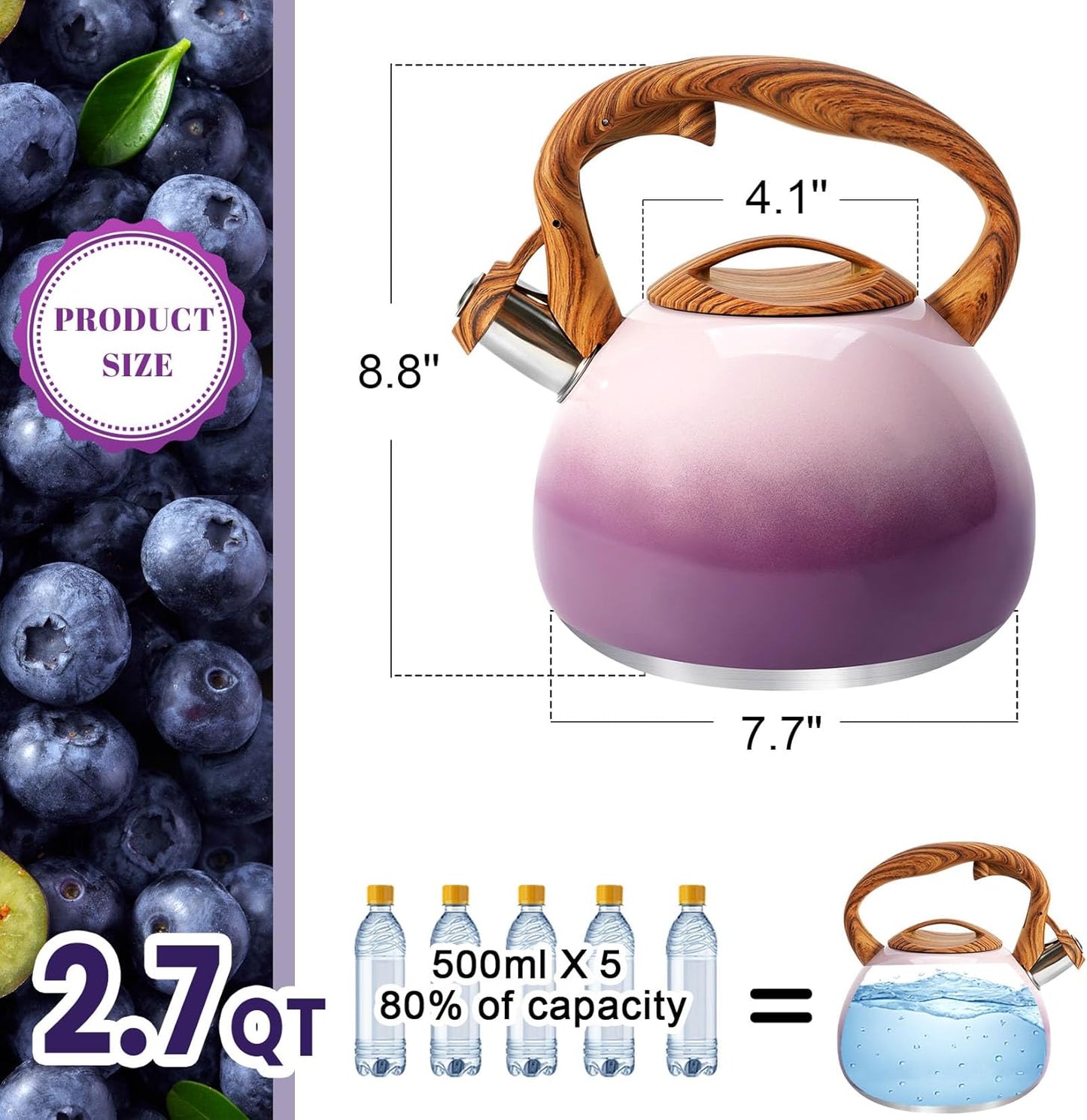 GGC Tea Kettle for Stove Top, 3.1QT/3L Whistling Tea Kettles for Boiling Water Coffee or Milk, Purple Tea Pot with Wood Parttern Handle, Stainless Steel Tea Pot for Home and Kitchen