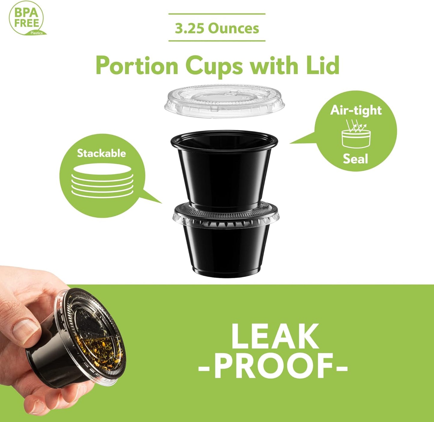 {3.25 oz - 100 Sets} Black Diposable Plastic Portion Cups With Lids, Small Mini Containers For Portion Controll, Jello Shots, Meal Prep, Sauce Cups, Slime, Condiments, Medicine, Dressings, Crafts,