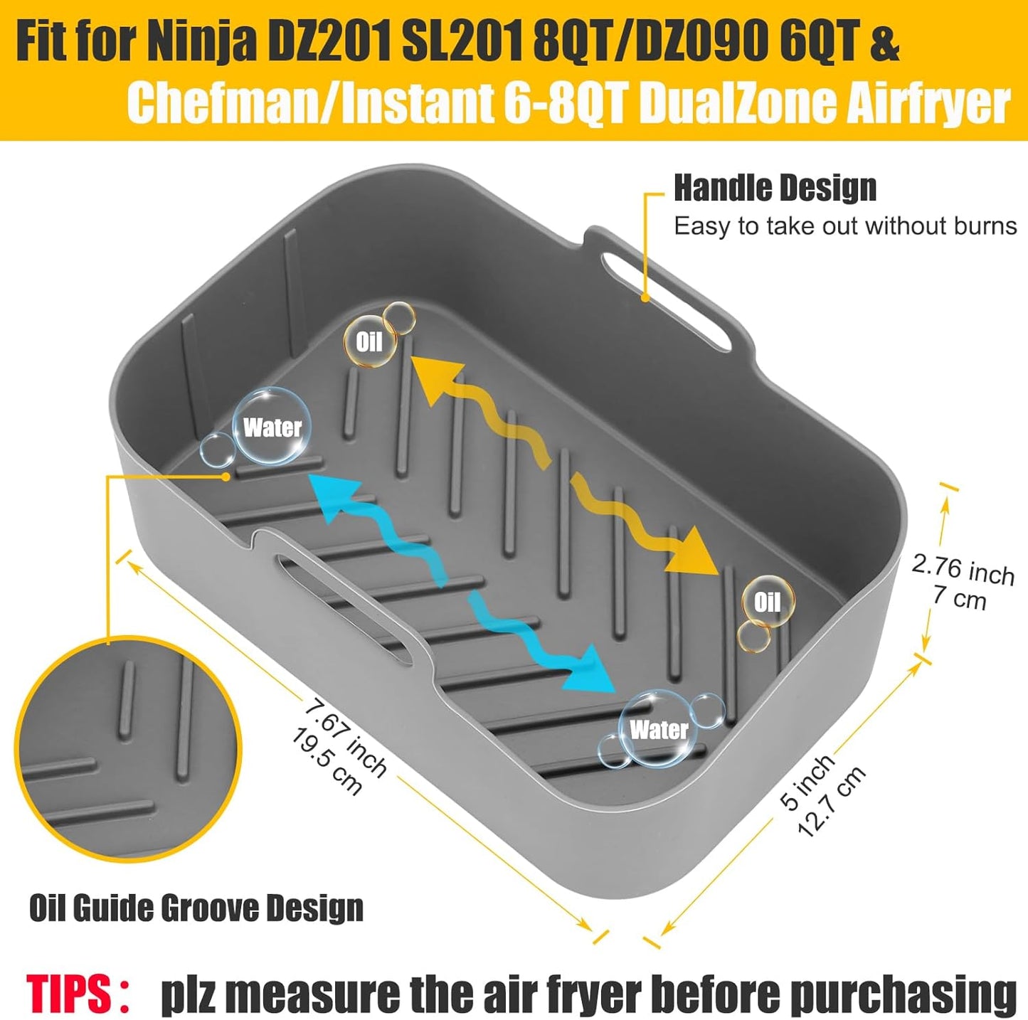 2Pcs Air Fryer Silicone Liners Rectangular for Ninja Foodi Dual DZ201 8QT/DZ090 6QT/Ninja DoubleStack SL201 8QT, MMH Reusable Airfryer Pot Baking Basket | Non-stick | Easy Cleaning | Food Safe | Gray