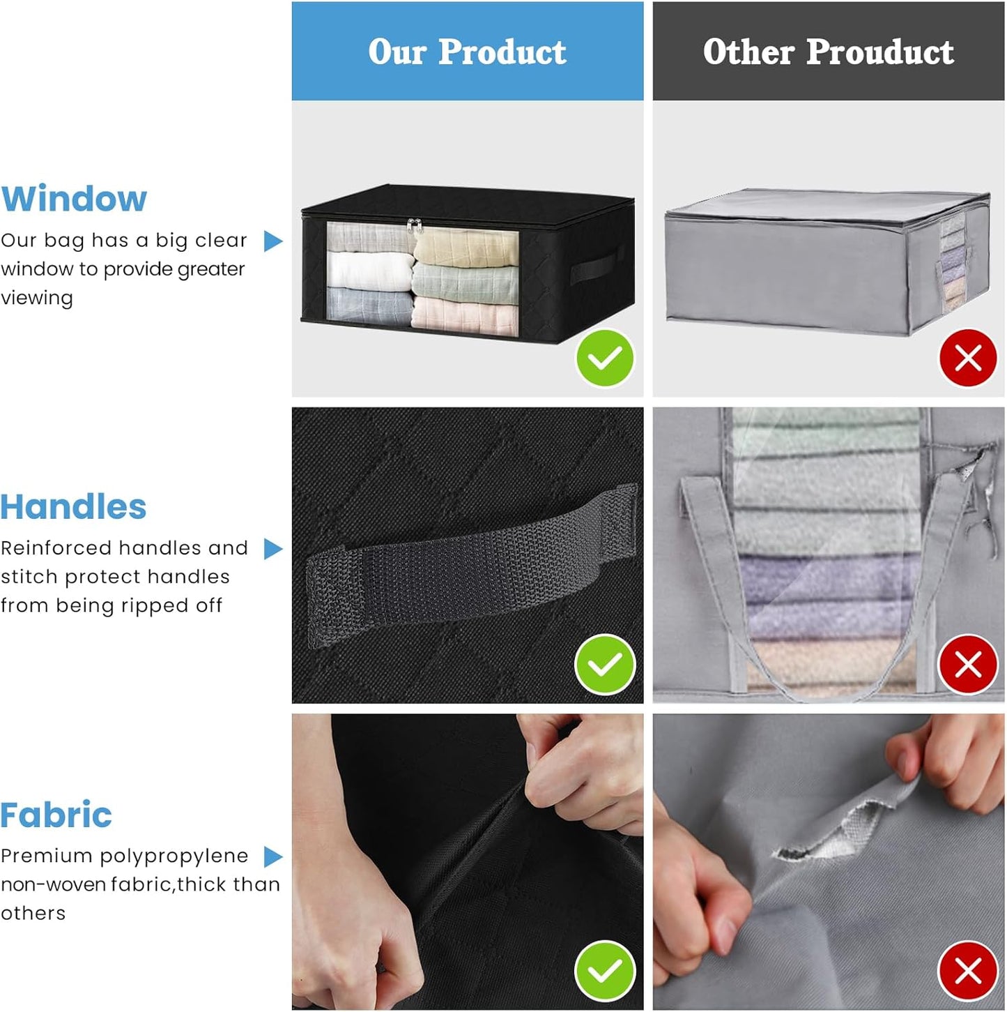 HomeHacks Storage 4-Pack Clothes Organizer Storage Bags Foldable Storage Box with Large Clear Window Sturdy Handles for Closet, Dorm, Pillows, Bedding, Clothes, Blankets, 35L, Black