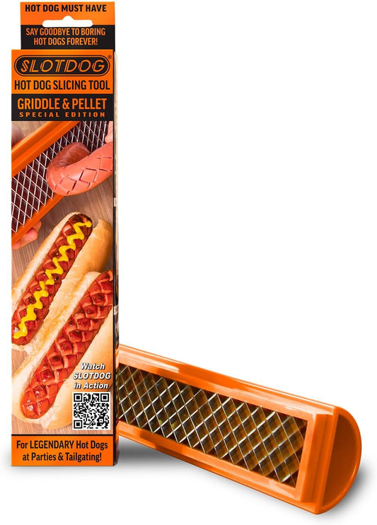 Hot Dog Slicing Tool - Orange - Griddle & Pellet Grill Special Edition For Griddles, Grills, Smoker, Air Fryer, Oven, BBQ, Campfire, Kitchen, Tailgating - Stainless Cutter Blades 10 inch
