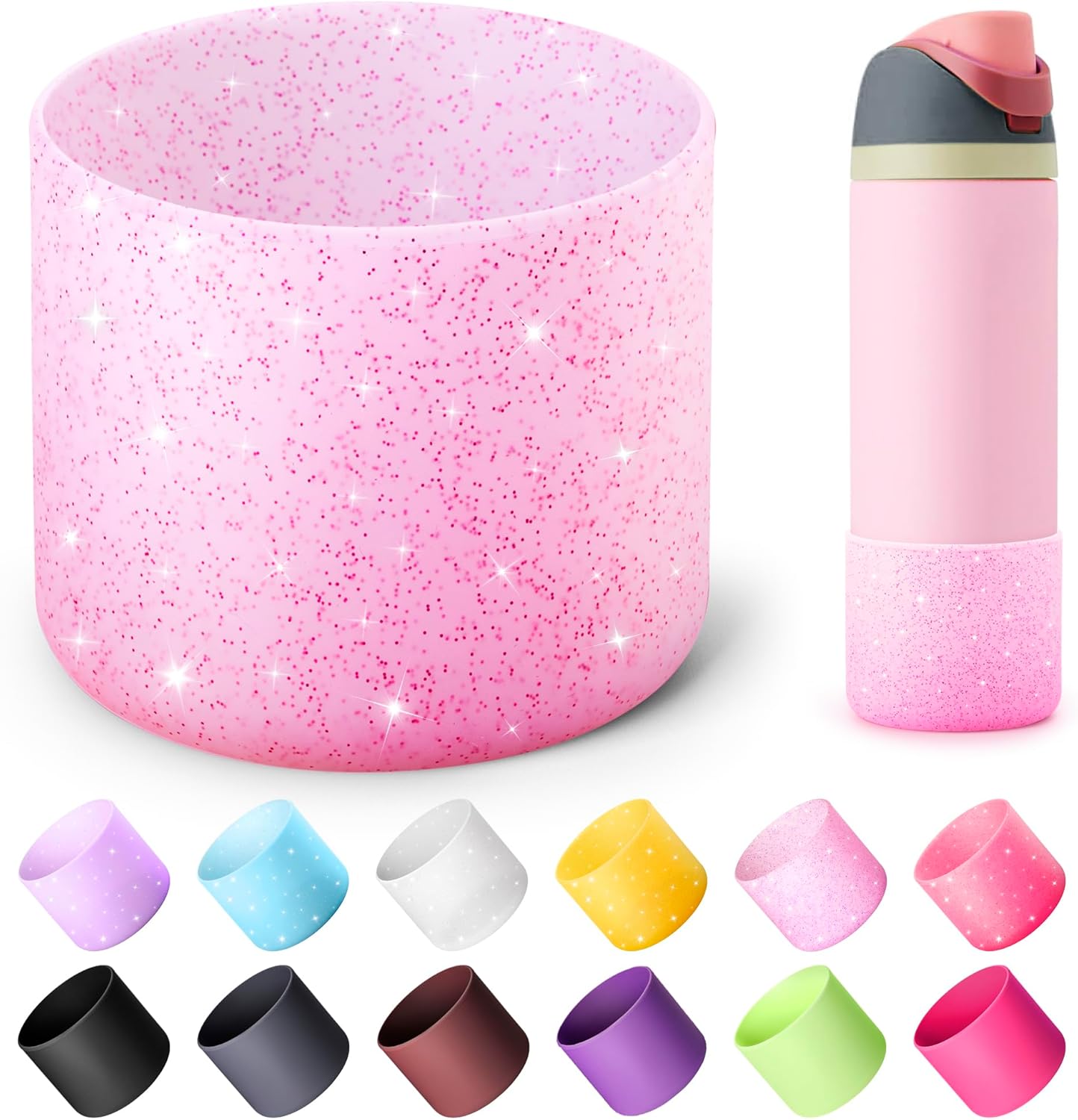 Silicone Water Bottle Boot f or Owala 24 oz, Anti-Slip Protective Sleeve for Owala Twist & FreeSip & Flip Stainless Steel Water Bottle, Boot Bottom Base for Owala (Glitter Pink)