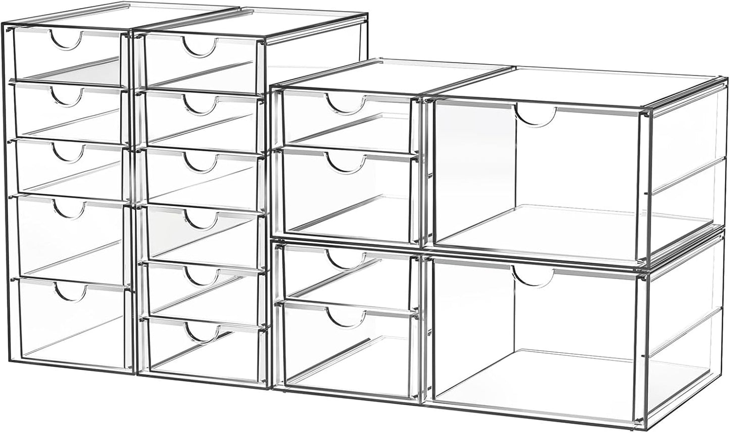Acrylic Makeup Organizer with 17 Drawers, 4 Pack Clear Bathroom Counter Organizer for Palettes, Cosmetic, and Beauty Supplies,Ideal for Vanity, Cabinet,Desk Organization