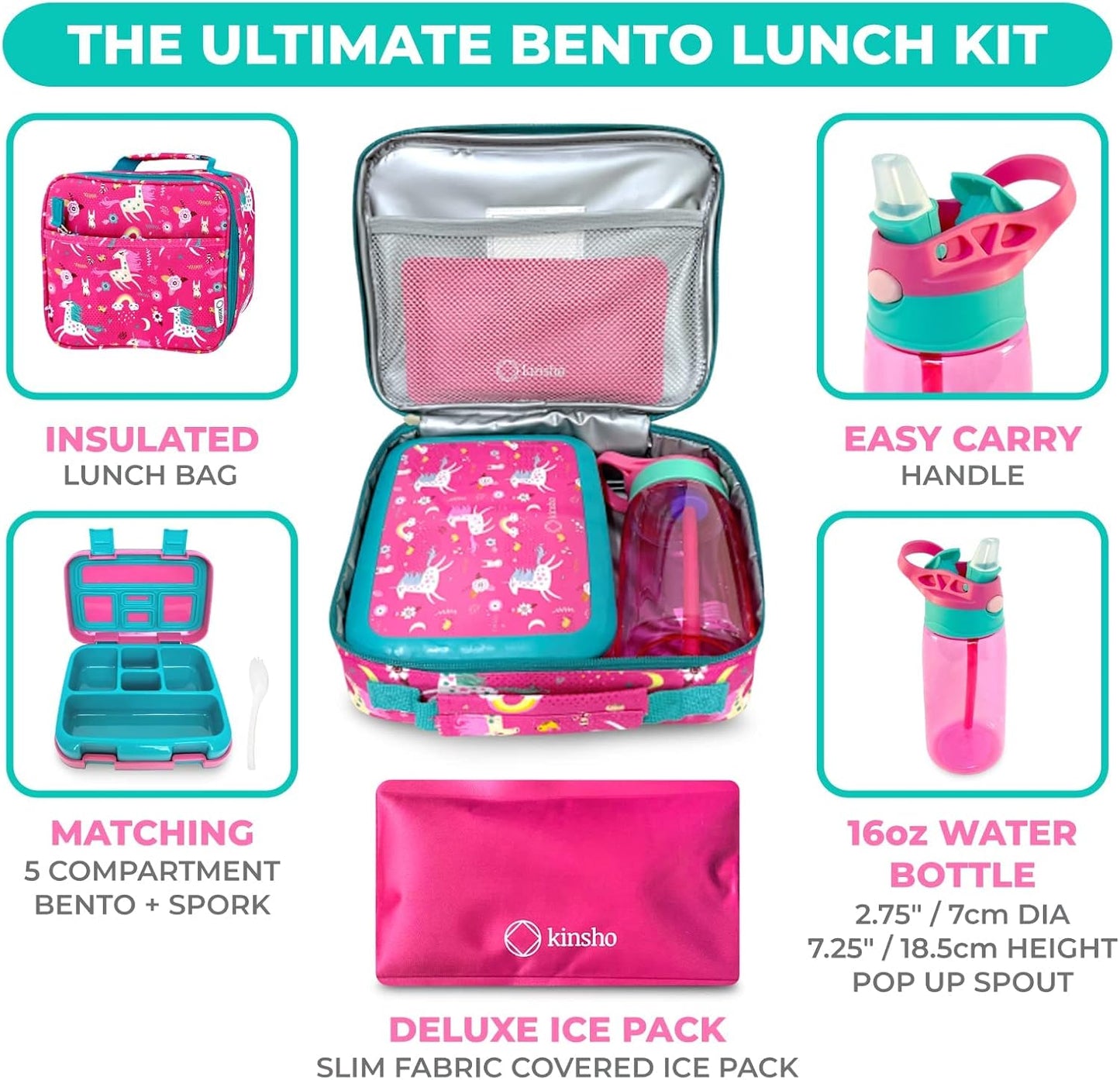 Bento Lunch Box with Insulated Bag, Water Bottle Ice Pack Set for Kids Toddlers, 5 Portion Sections, BPA Free Removable Tray, Pre-School Kid Toddler Daycare Lunches, Snack Container, Pink Unicorn