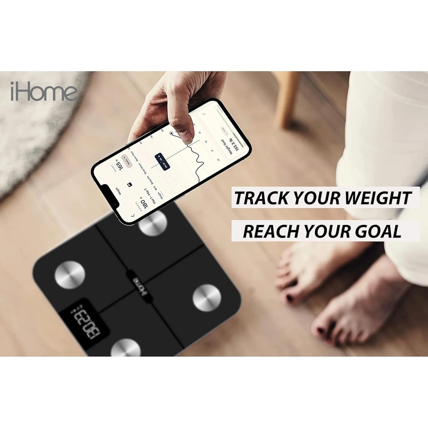 iHome Digital WiFi Smart Scale for Body Weight, Weight Scale, Including BMI, Body Fat, Muscle Mass, Batteries Included (Black Smart WiFi)