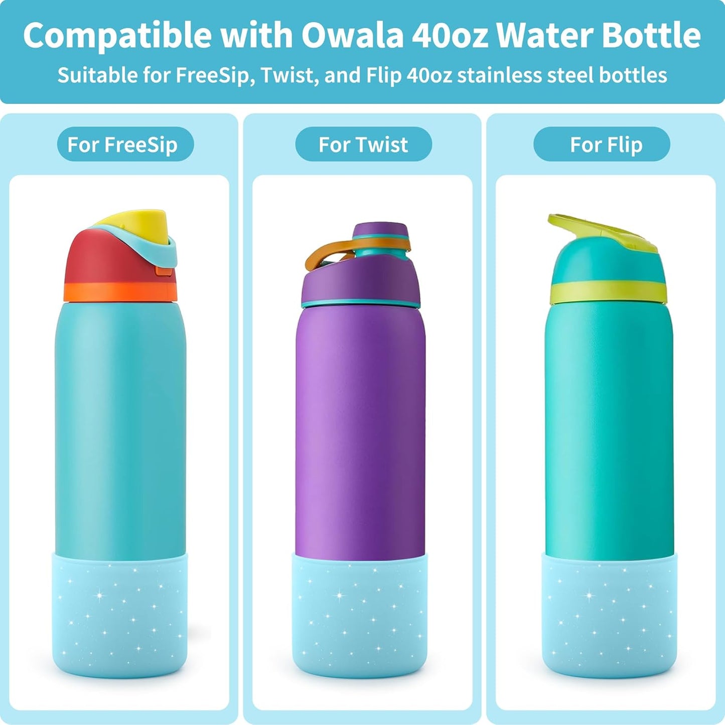 Silicone Boot for 40 oz Owala Water Bottles, Anti-Slip Protective Sleeve for Owala Twist & FreeSip & Flip Insulated Water Bottle, Boot Bottom Base (Glitter Blue)
