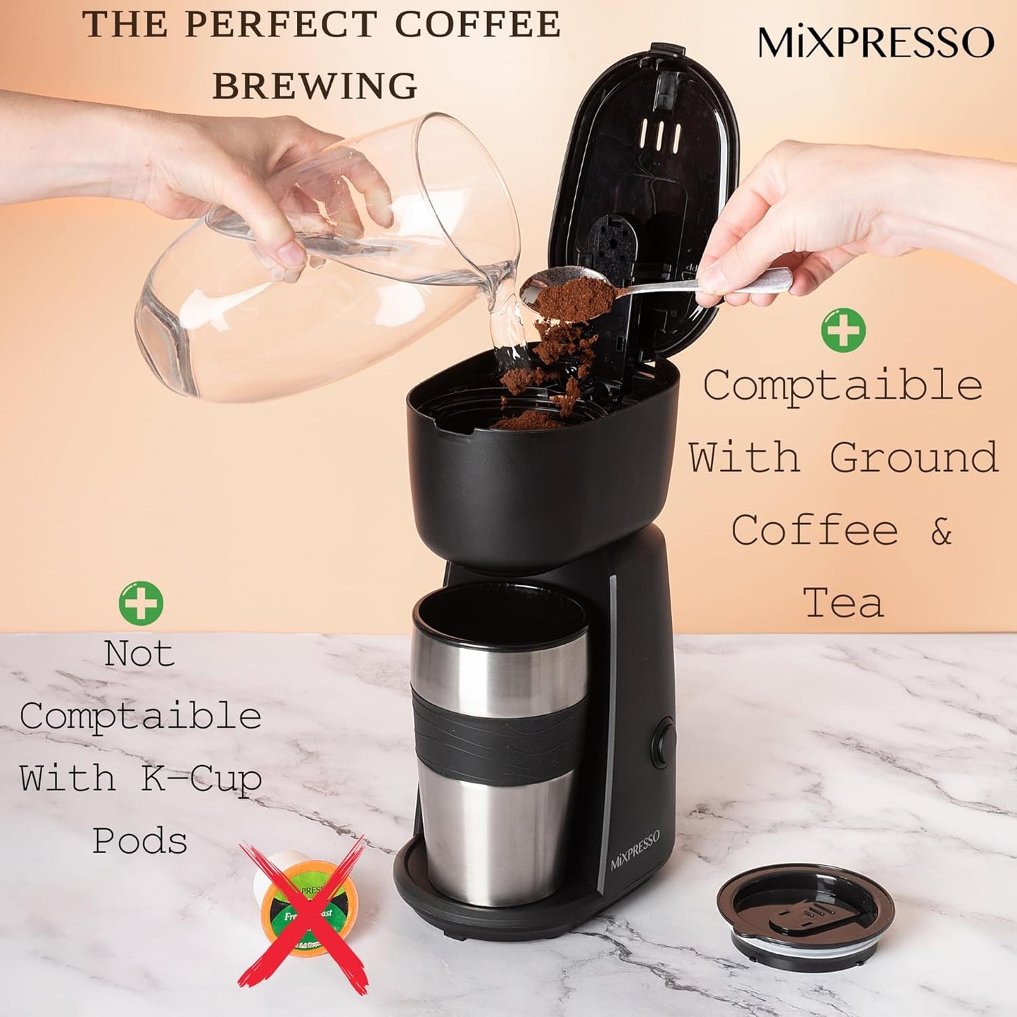 Mixpresso Personal Single Serve Coffee Maker & 14oz Travel Mug, Drip Small Coffee Maker & Tumbler, Auto Shut Off & Reusable Filter, Compatible with Coffee Grounds