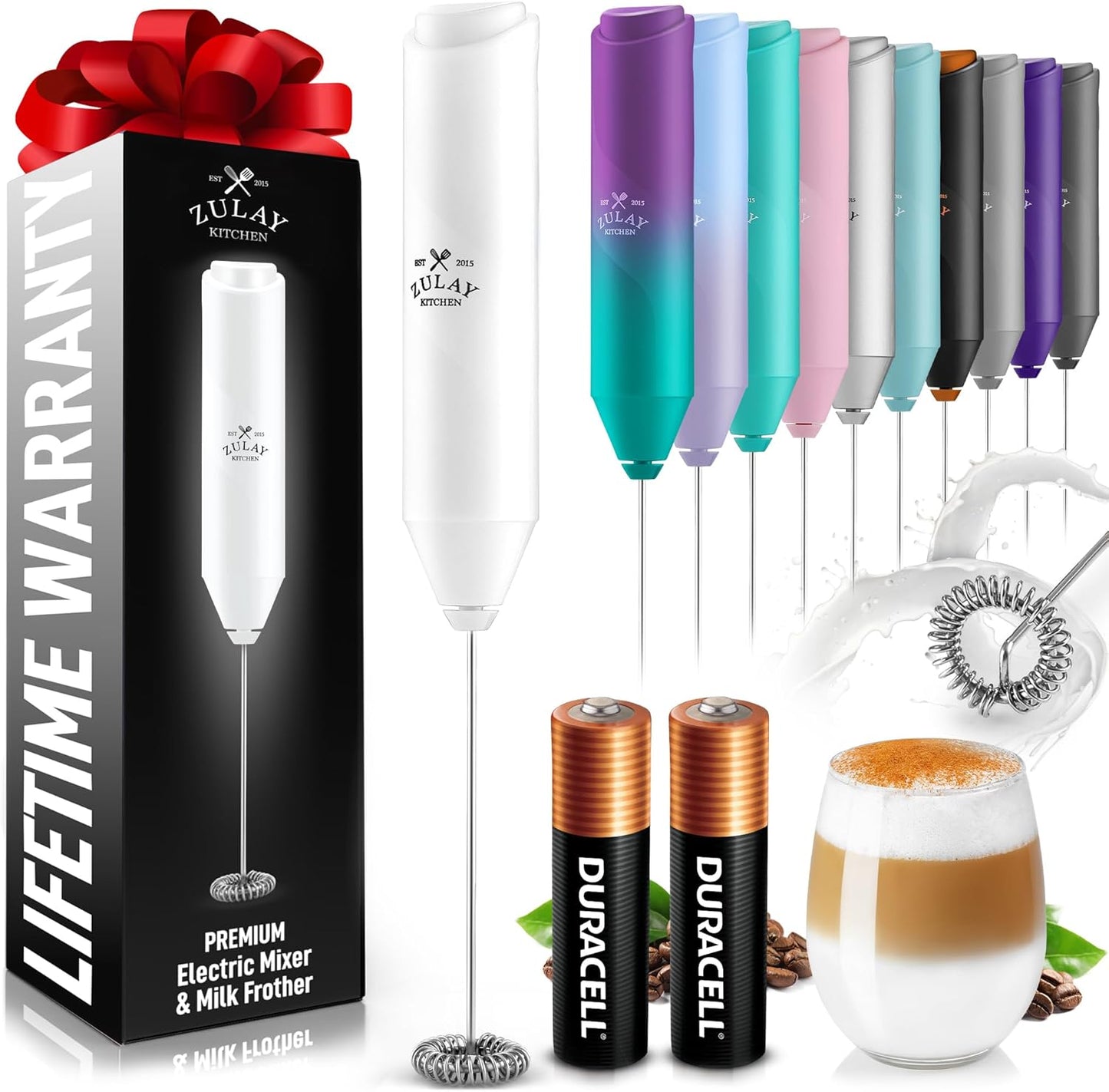 Zulay Kitchen Milk Frother Handheld with 2 Duracell AA Batteries – Electric Drink Mixer for Coffee, Lattes, Cappuccinos, Matcha & Hot Chocolate – Portable Foam Maker & Coffee Bar Accessory