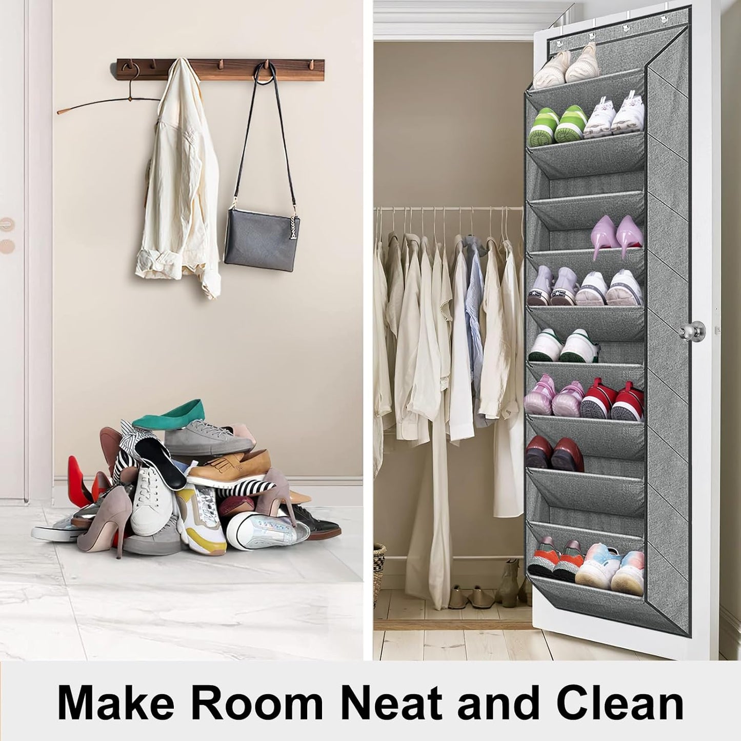 SLEEPING LAMB Over The Door Shoe Organizer for Closet with Large Deep Pockets, Narrow Shoe Rack for Door Hanging Boots Storage, Grey