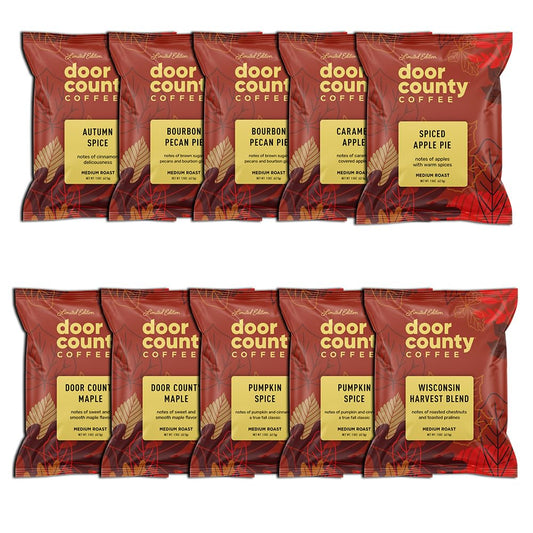 Gourmet Fall Flavored Coffee Sampler Pack - 10 Bags of Seasonal Flavored Coffees - Door County Coffee