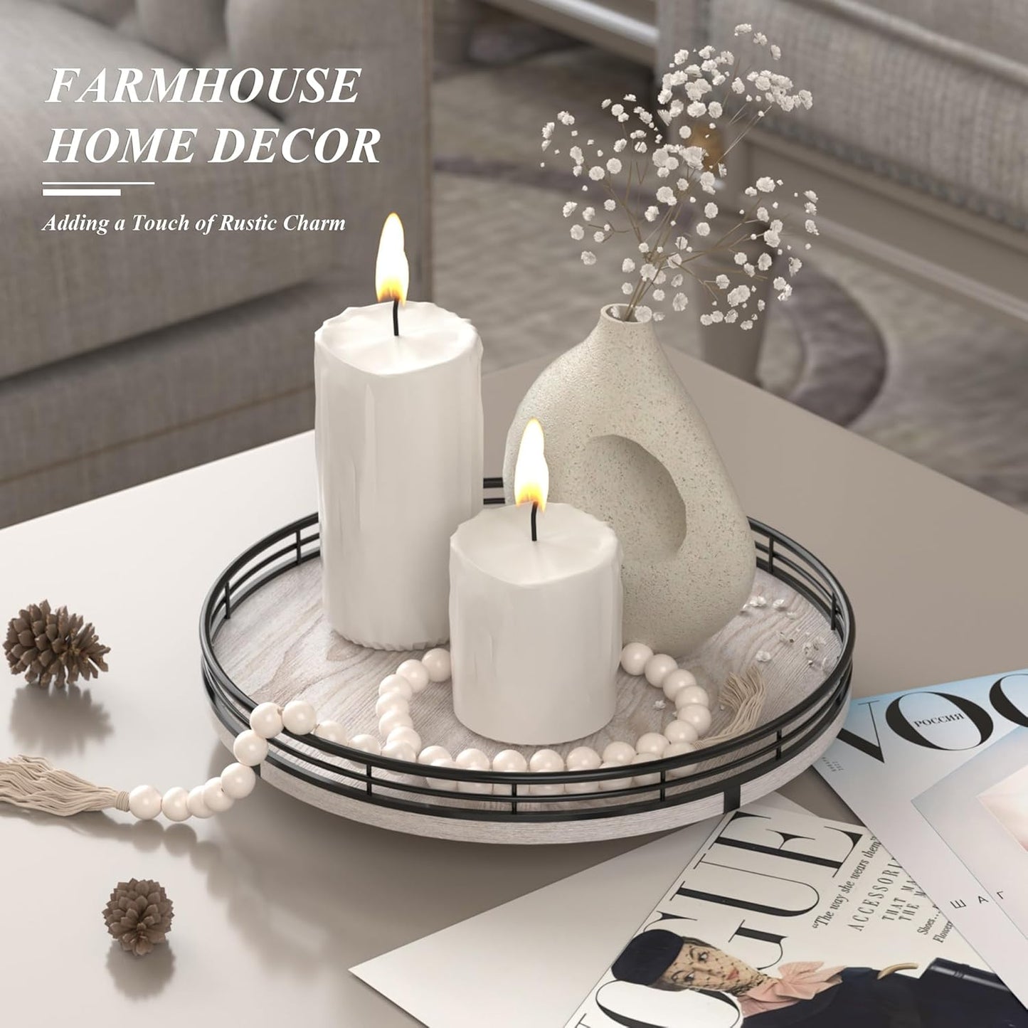 10" Oak Bathroom Vanity Tray Turntable for Perfume Candle, Round Wooden Decorative Tray for Kitchen Sink Countertop Organizer, Bathroom Counter Organizer for Skincare Makeup, Rustic Whitewased