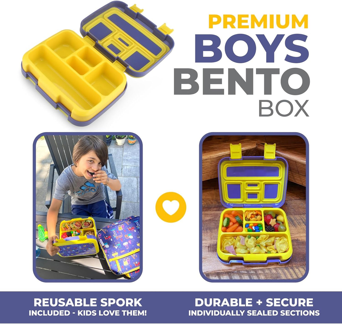 kinsho Bento Lunch Box for Kids Toddlers Boys, 5 Portion Sections Secure Lid, Microwave Safe BPA Free Removable Tray, Pre-School Kid Daycare Lunches Snack Container Ages 3 to 5, Blue Yellow Trucks