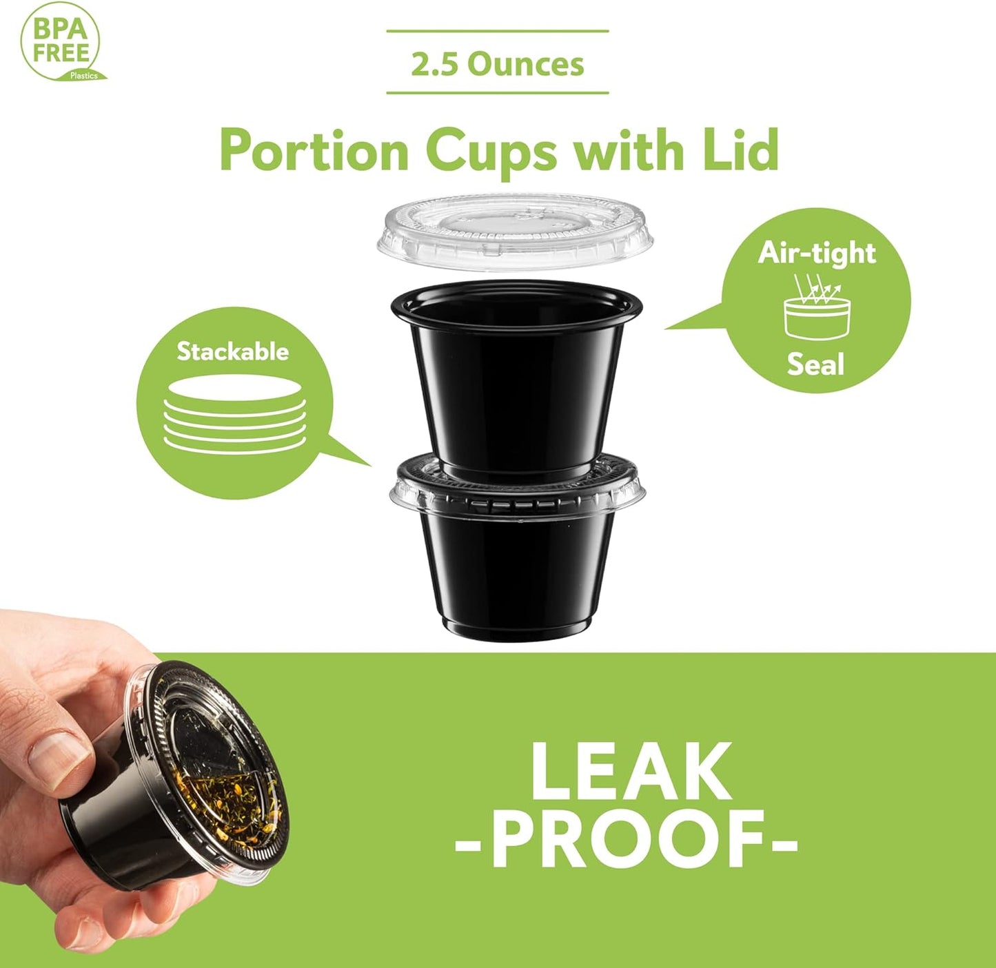 {2.5 oz - 100 Sets} Black Diposable Plastic Portion Cups With Lids, Small Mini Containers For Portion Controll, Jello Shots, Meal Prep, Sauce Cups, Slime, Condiments, Medicine, Dressings, Crafts,