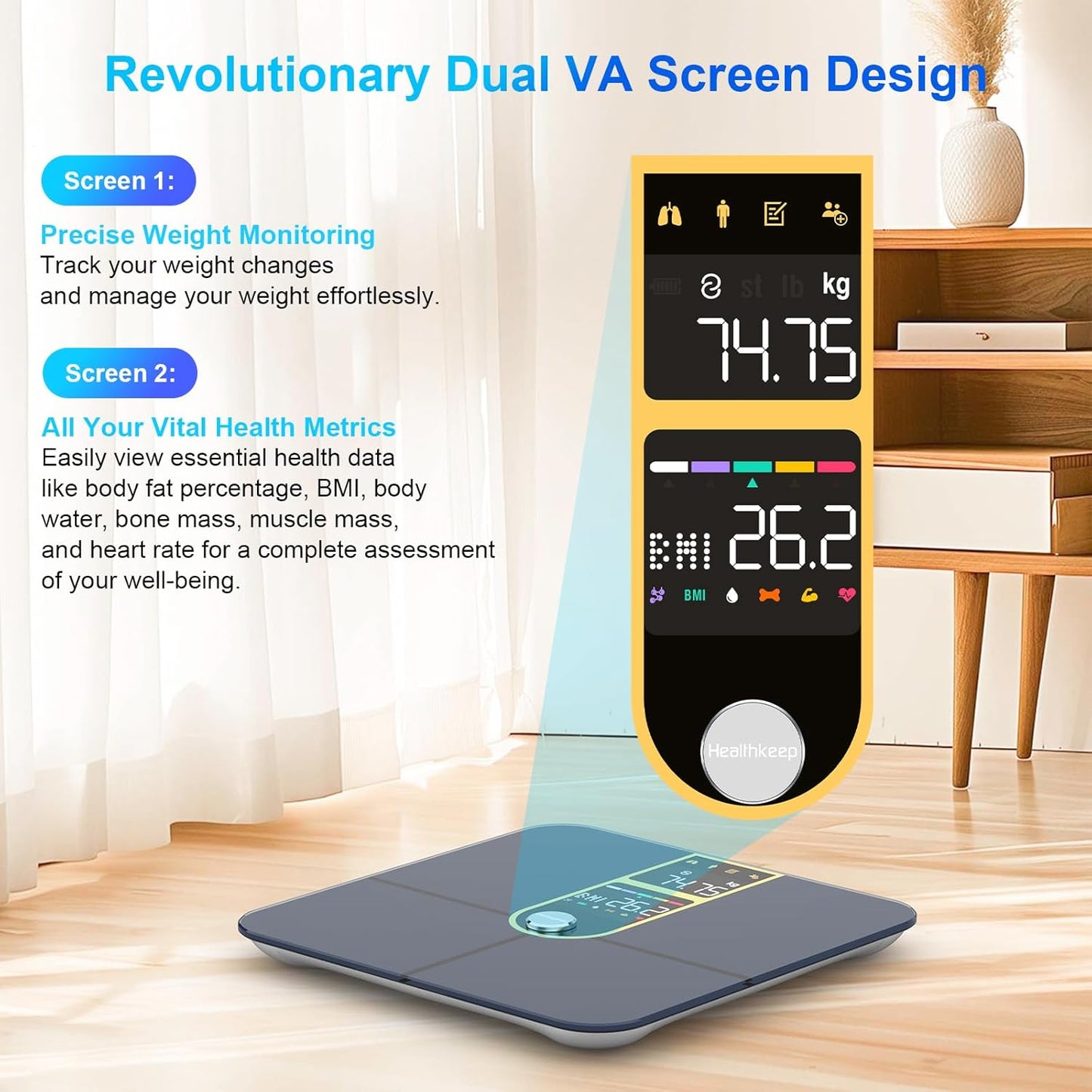 Healthkeep Body Fat Scale with Dual VA Displays and ITO Technology, 16 Body Datas with Heart Rate, Smart Weight Scale Compatible with iOS & Android, Max 400lb/180kg, Golden