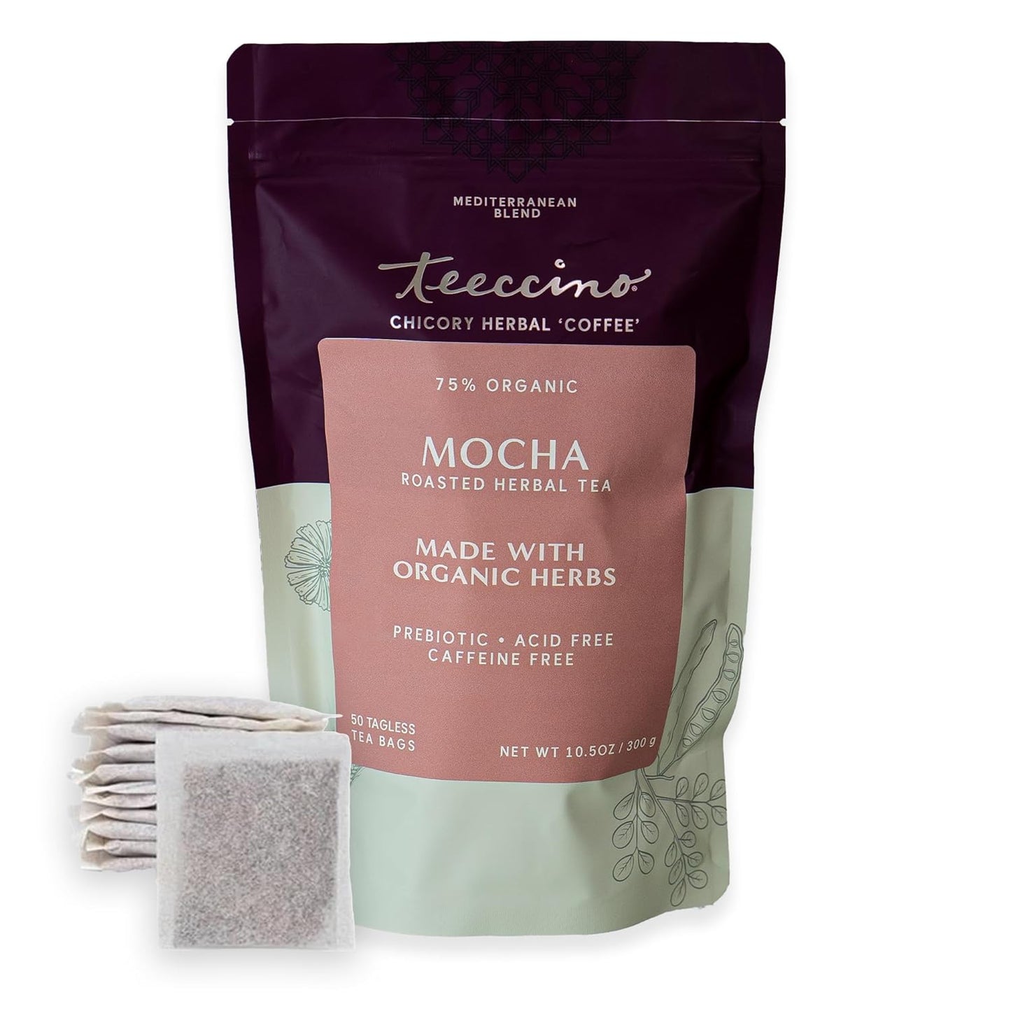 Teeccino Mocha Herbal Tea, 50 Tagless Eco-Friendly Tea Bags - Rich & Roasted Herbal Tea That’s Caffeine Free & Prebiotic for Natural Energy