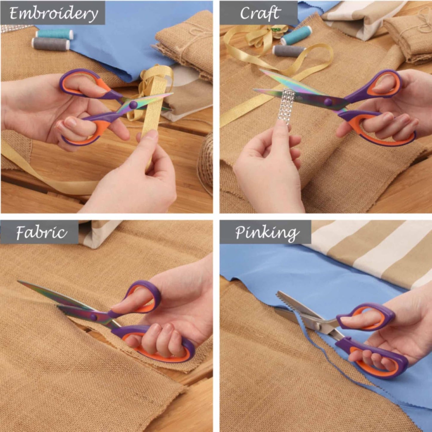 BambooMN Titanium Softgrip Scissors Set - Pinking, Sewing, Arts, Crafts, Office - 3 Sets of 4 - Purple w/Orange