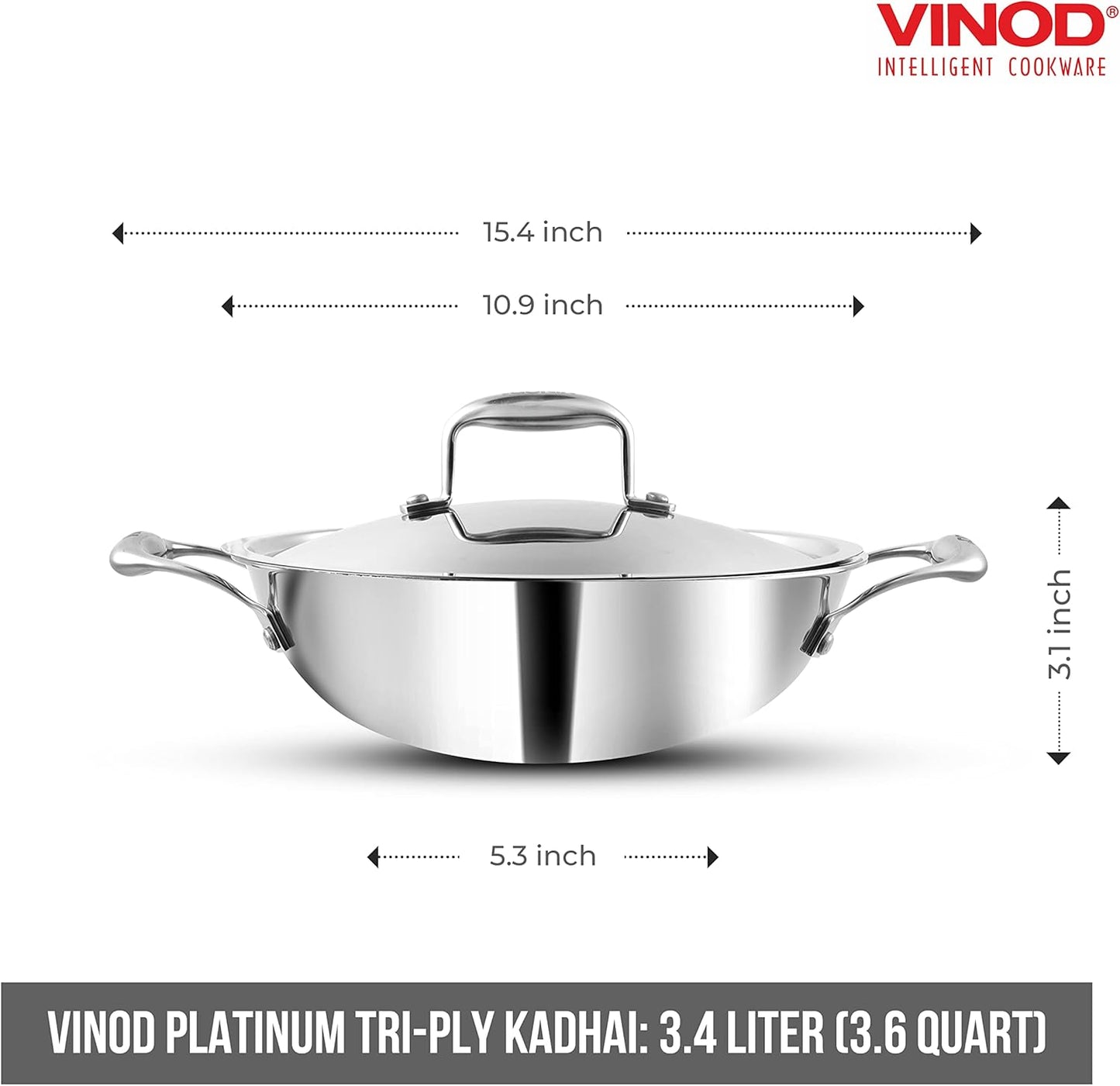 Vinod Platinum Triply Stainless Steel Kadai with Lid | Size: 28CM - 3.7L