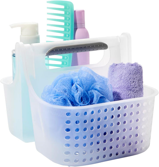 Madesmart 2-Compartment Soft Grip Shower Tote for Bathroom Organization, Plastic Storage Shower Caddy Bucket, Small, Frost