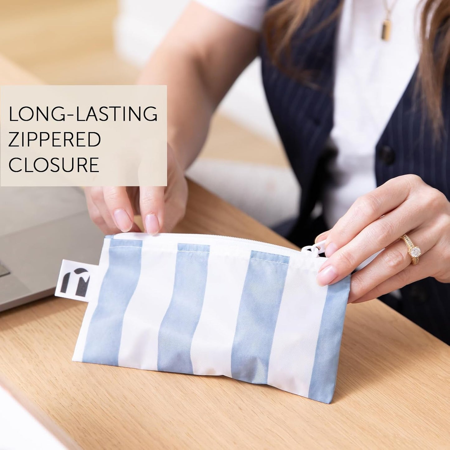 Roamio Reusable Snack Bags, for Kids School Lunch and for Adults Portion, Washable Fabric, Waterproof Cloth Zip Bag, Supplies Pack Travel Pouch, Food-Safe Storage, 2-pk Nautical Stripe and Blue Shells