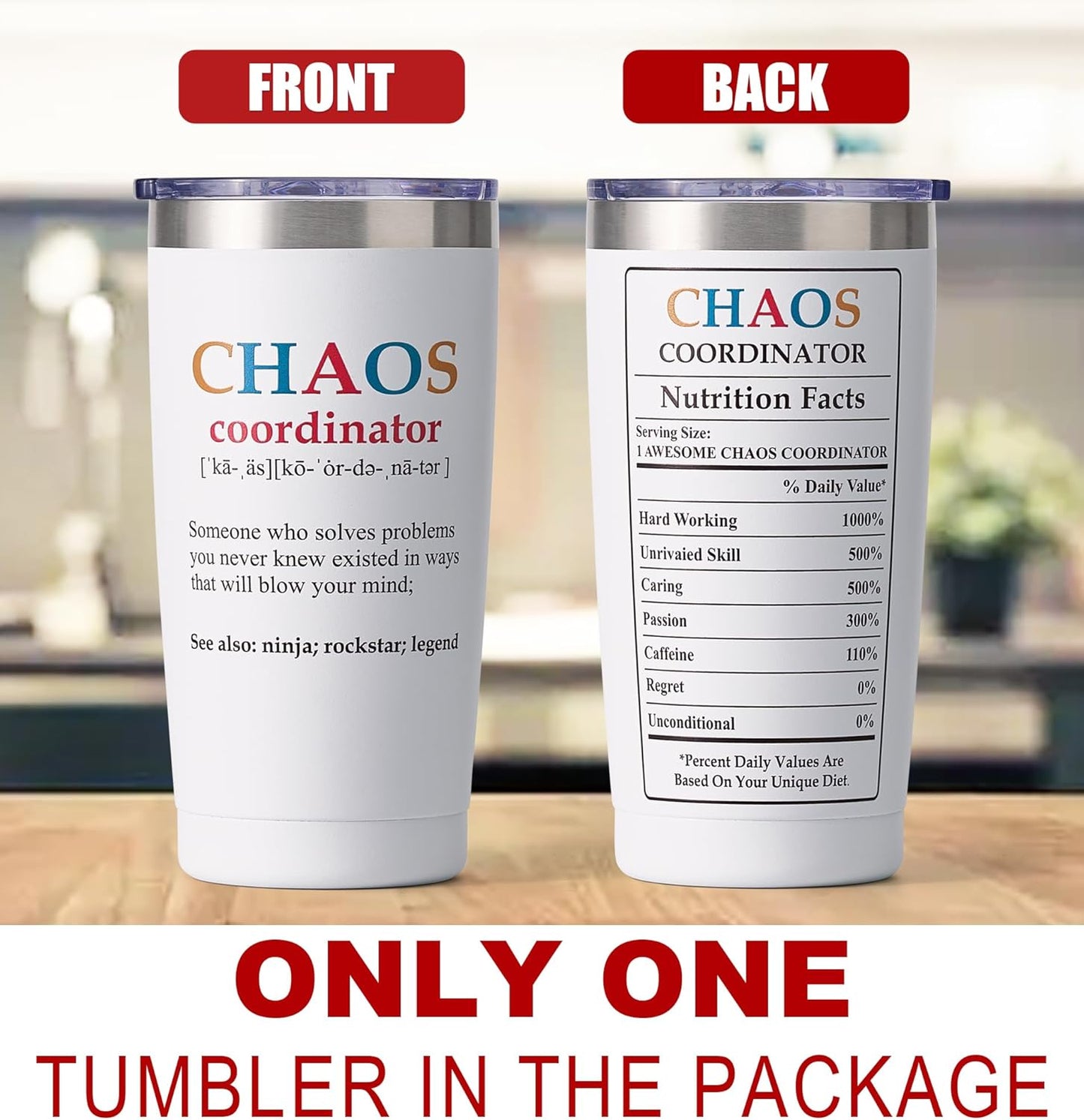 SUNWILL Coffee Tumbler with Lid, Christmas Gifts for Women, Stainless Steel Insulated Mug, CHAOS Coordinator Cups for Birthday, Thank you, Graduation - 20 oz Snow White