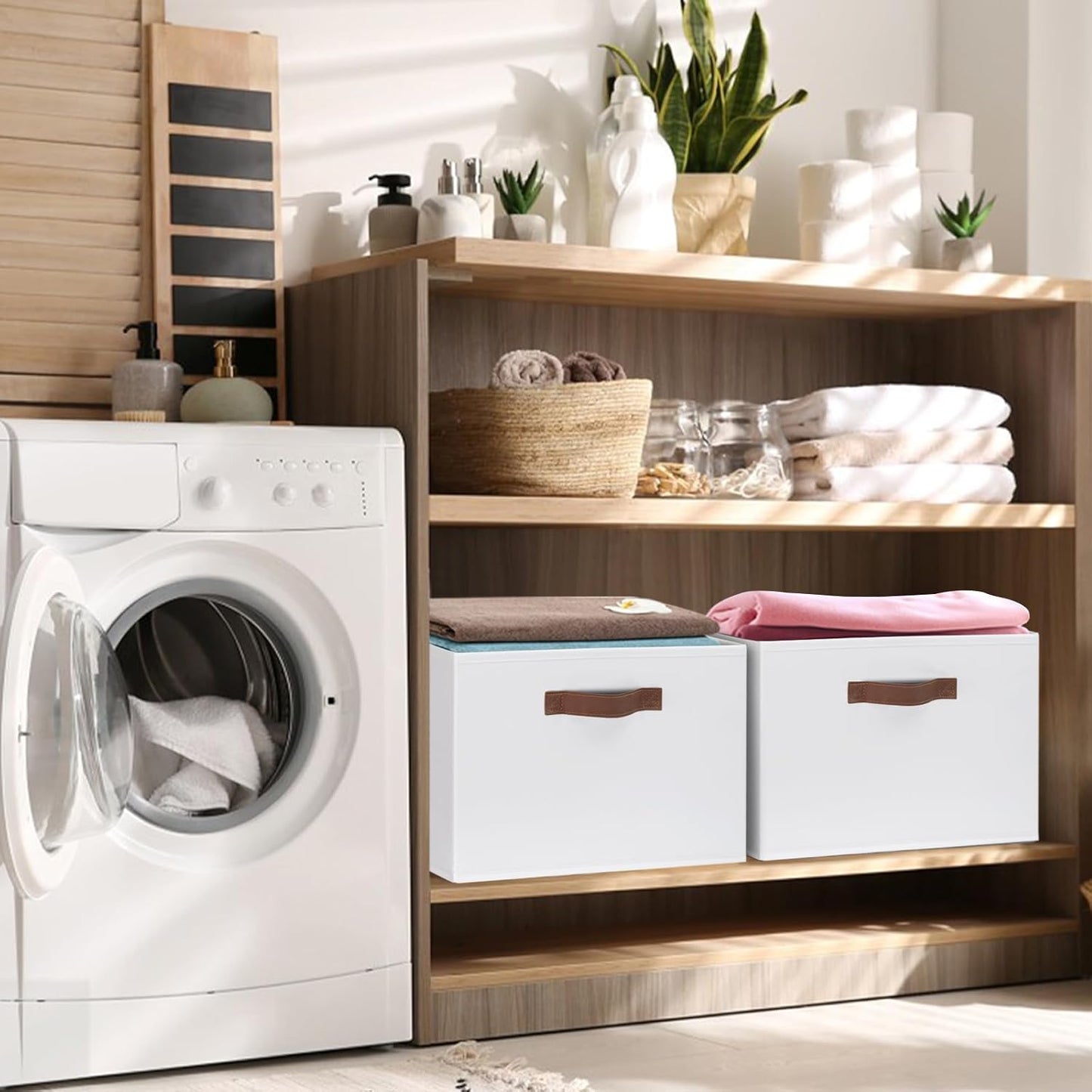 GhvyenntteS Large Fabric Storage Bins with 3 Handles, 15x11x9.6 Inch Storage Baskets for Shelves, Foldable Closet Storage Bins for Shelves, Closet Organizers and Storage Boxes, White