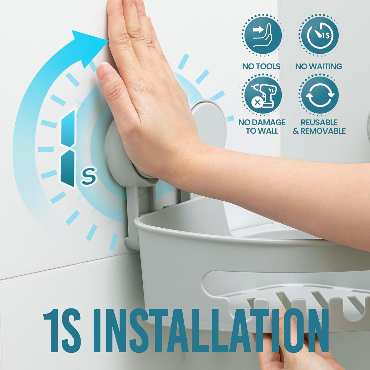 TAILI Suction Corner Shower Caddy, Bathroom Shower Shelf Storage Basket Wall Mounted Organizer for Shampoo, Conditioner, Plastic Rack for Kitchen & Bathroom, Drill-Free Removable (2 Pack)-Grey