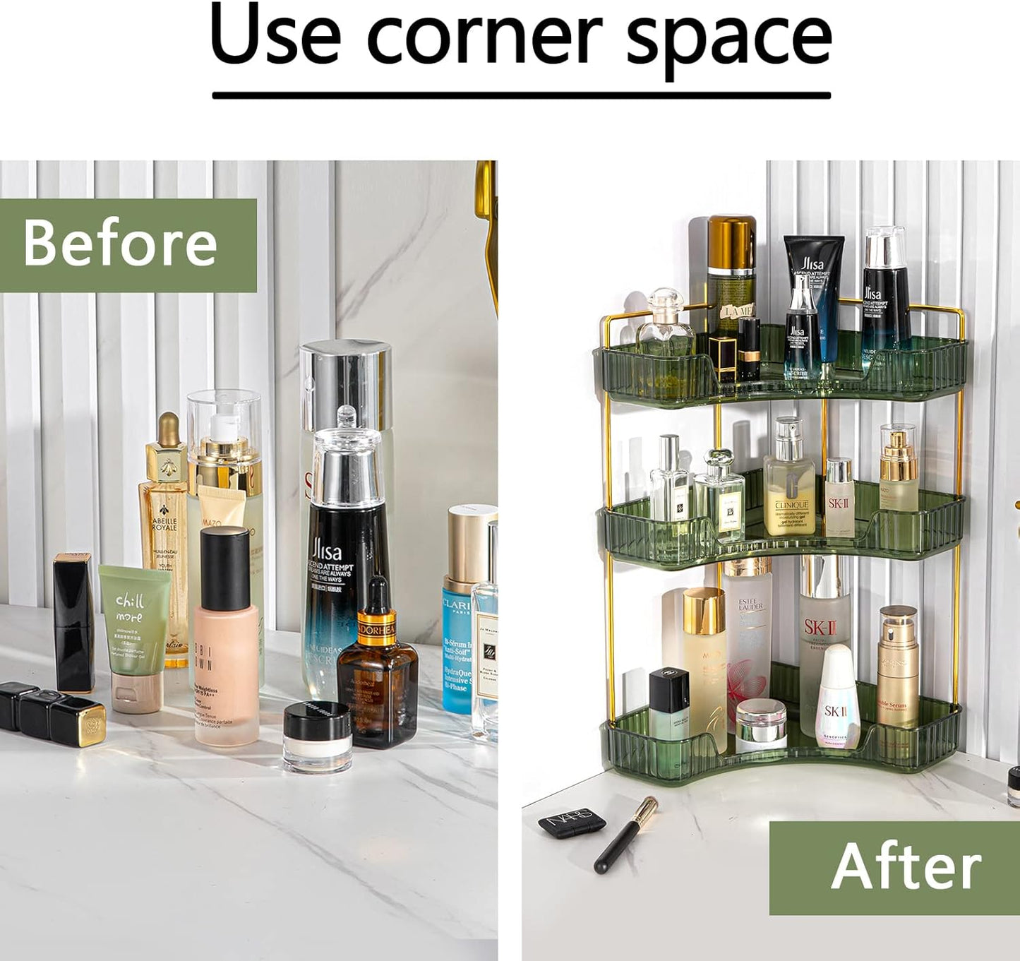 3-Tier Corner Bathroom Counter Organizer – Classic Storage Shelf for Makeup, Perfume & Toiletries, Space-Saving Countertop Tray Fits Bathroom, Dresser, Kitchen (Sage Green)