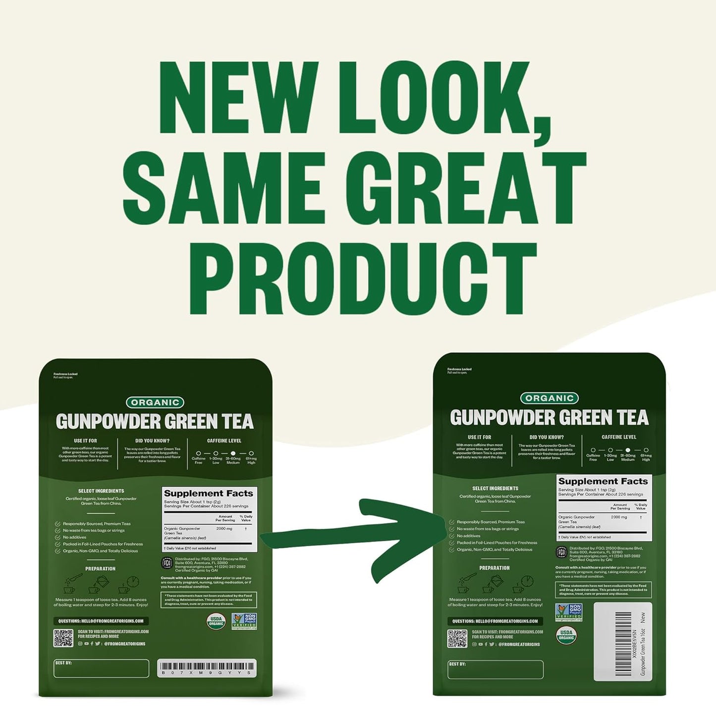 FGO Organic Gunpowder Green Tea, Loose Leaf, 16oz Bulk Resealable Bag, Packaging May Vary (Pack of 1)