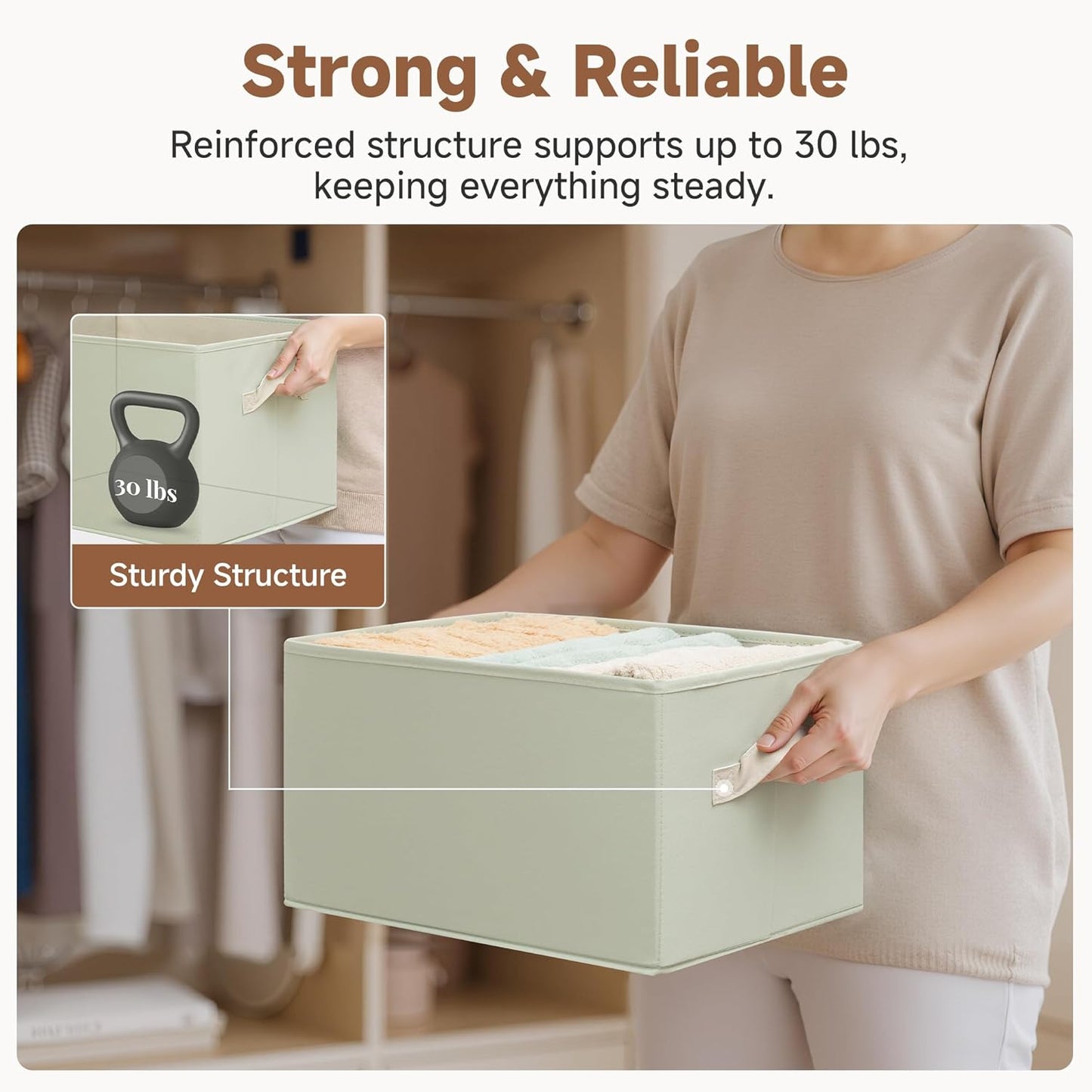 StorageWorks Storage Baskets for Shelves, Foldable Fabric Closet Storage Bins with Handles, Fabric Storage Bins Clothes Organizer, Light Green, 3-Pack, Large