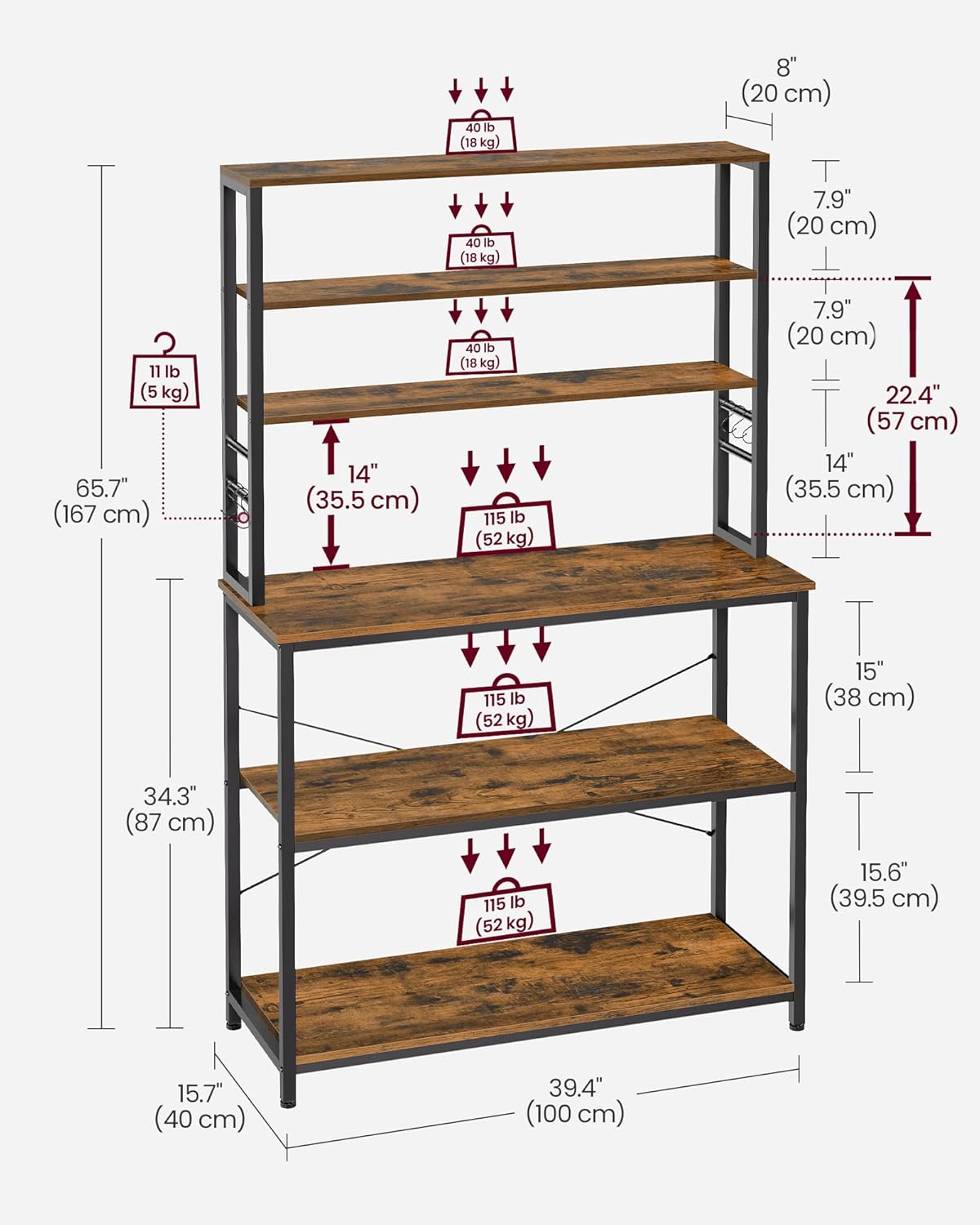 VASAGLE Coffee Bar, 39.4 Inches Baker's Rack for Kitchen with Storage, 6-Tier Kitchen Shelves with 6 Hooks, Microwave Stand, Industrial, Rustic Brown and Black UKKS039K01