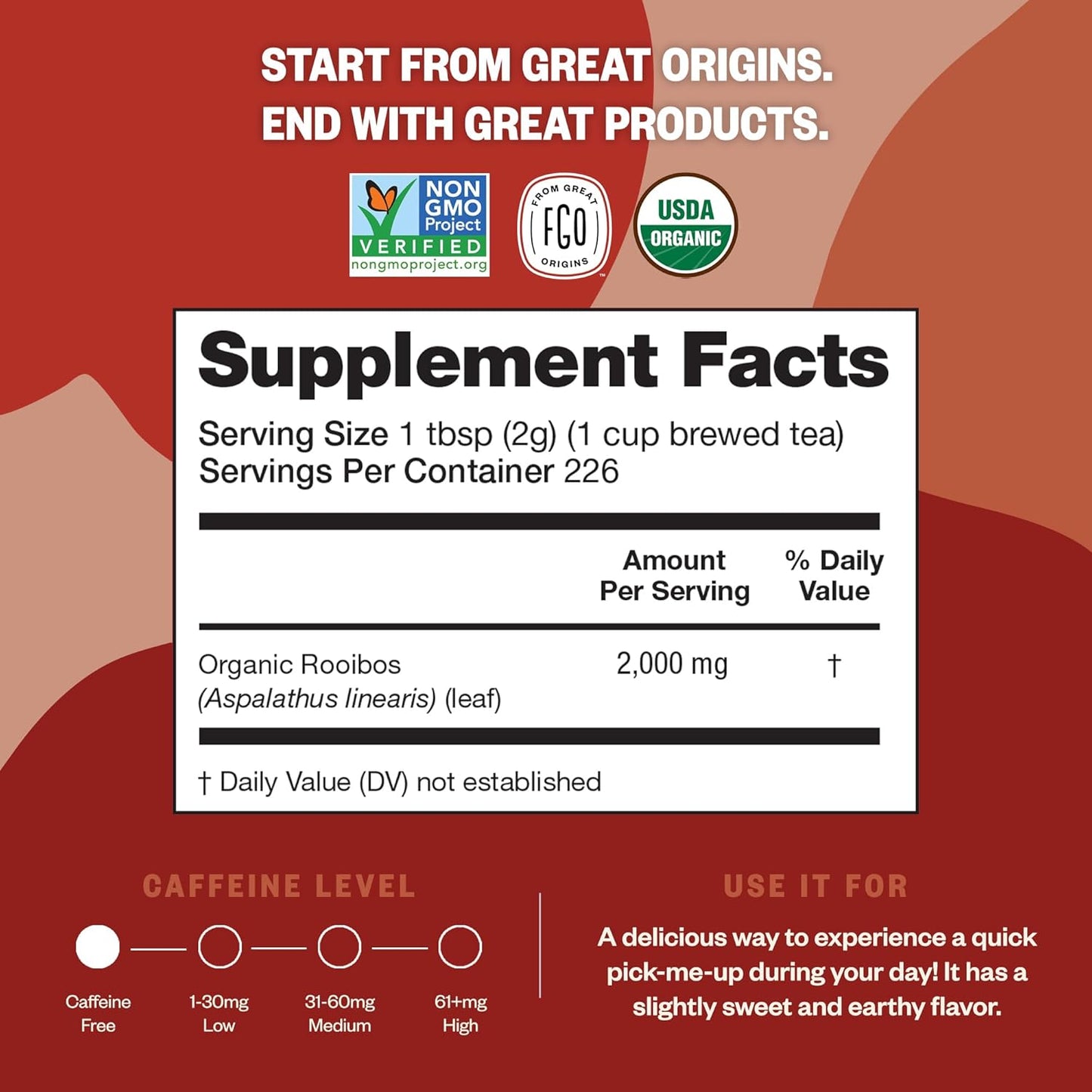 FGO Organic Rooibos Tea, 16 Ounce Loose Leaf Bulk Resealable Bag, Caffeine Free, Packaging May Vary (Pack of 1)