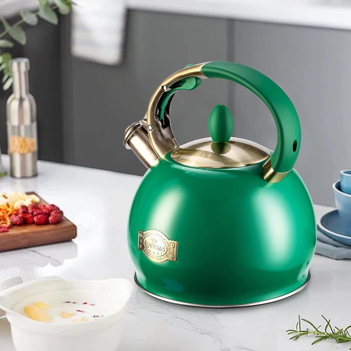 SUSTEAS Stove Top Whistling Tea Kettle - Food Grade Stainless Steel Teakettle Teapot with Cool Touch Ergonomic Handle, With 1 Silicone Pinch Mitt Included, 2.64 Quart (Green)