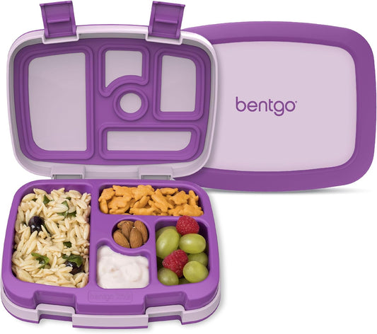 Bentgo Kids Bento-Style 5-Compartment Leak-Proof Lunch Box - Ideal Portion Sizes for Ages 3 to 7 - Durable, Drop-Proof, Dishwasher Safe, PFAS & BPA-Free & Made with Food-Safe Materials (Purple)